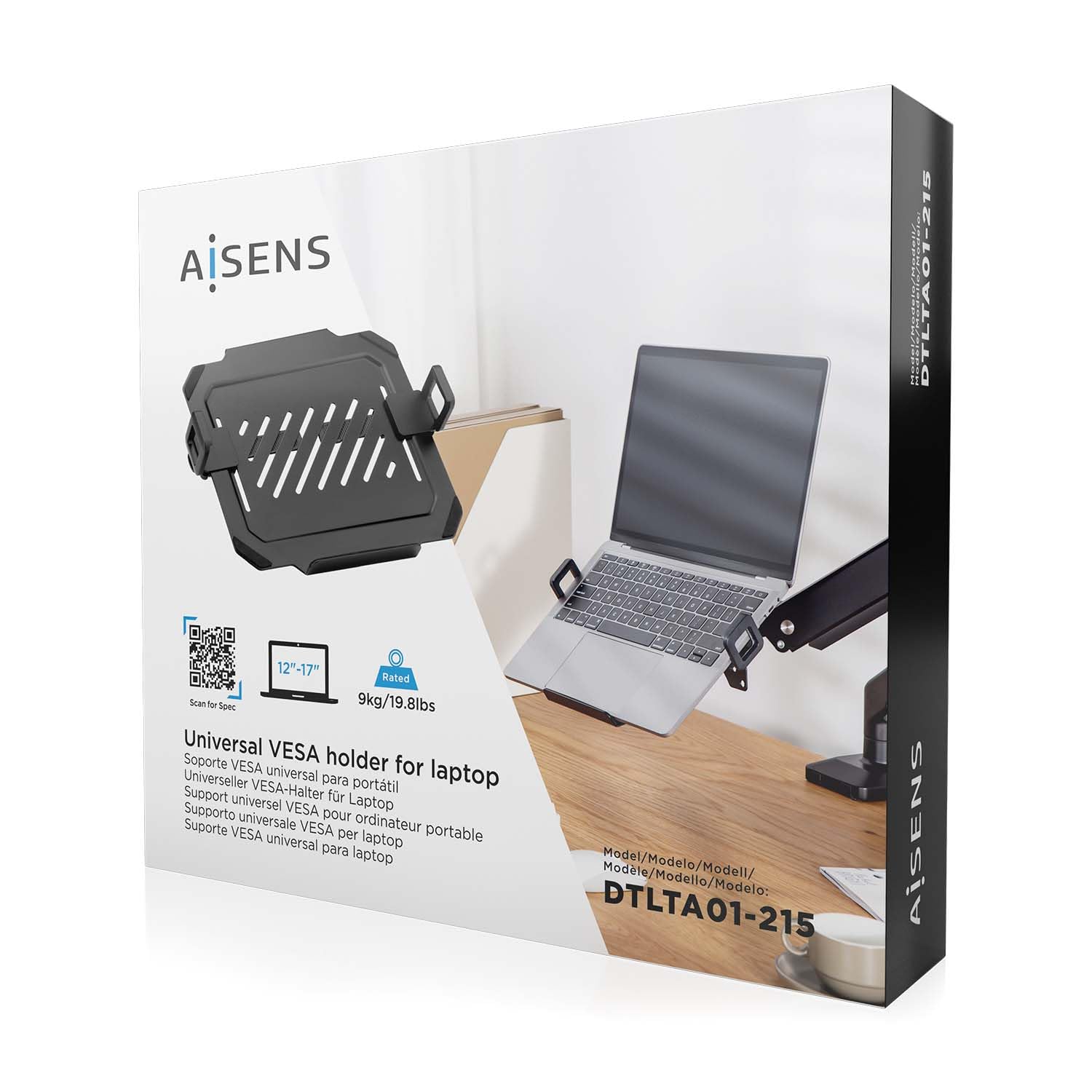 AISENS Universal Laptop Stand for 12-17 Inch Laptops - Adjustable Monitor Mount Stand with Secure Clamp - Black - Perfect for Home Office, Gaming & Workspace Setup
