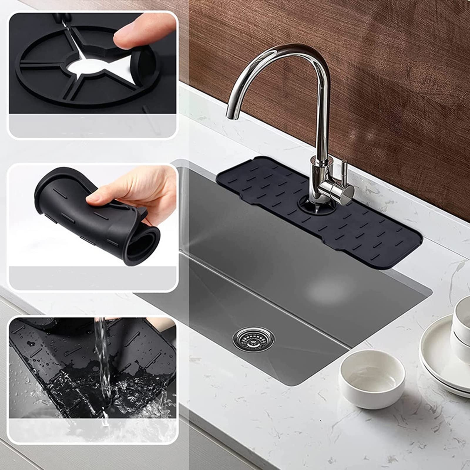 4 Pack Silicone Faucet Water Catcher Mats - Non-Slip Kitchen Sink Drip Protector, Splash Guard Countertop Mat, Sink Draining Pad for Behind Faucet (Fits Kitchen & Bathroom) - Perfect for Preventing Water Spills & Keeping Countertops Dry