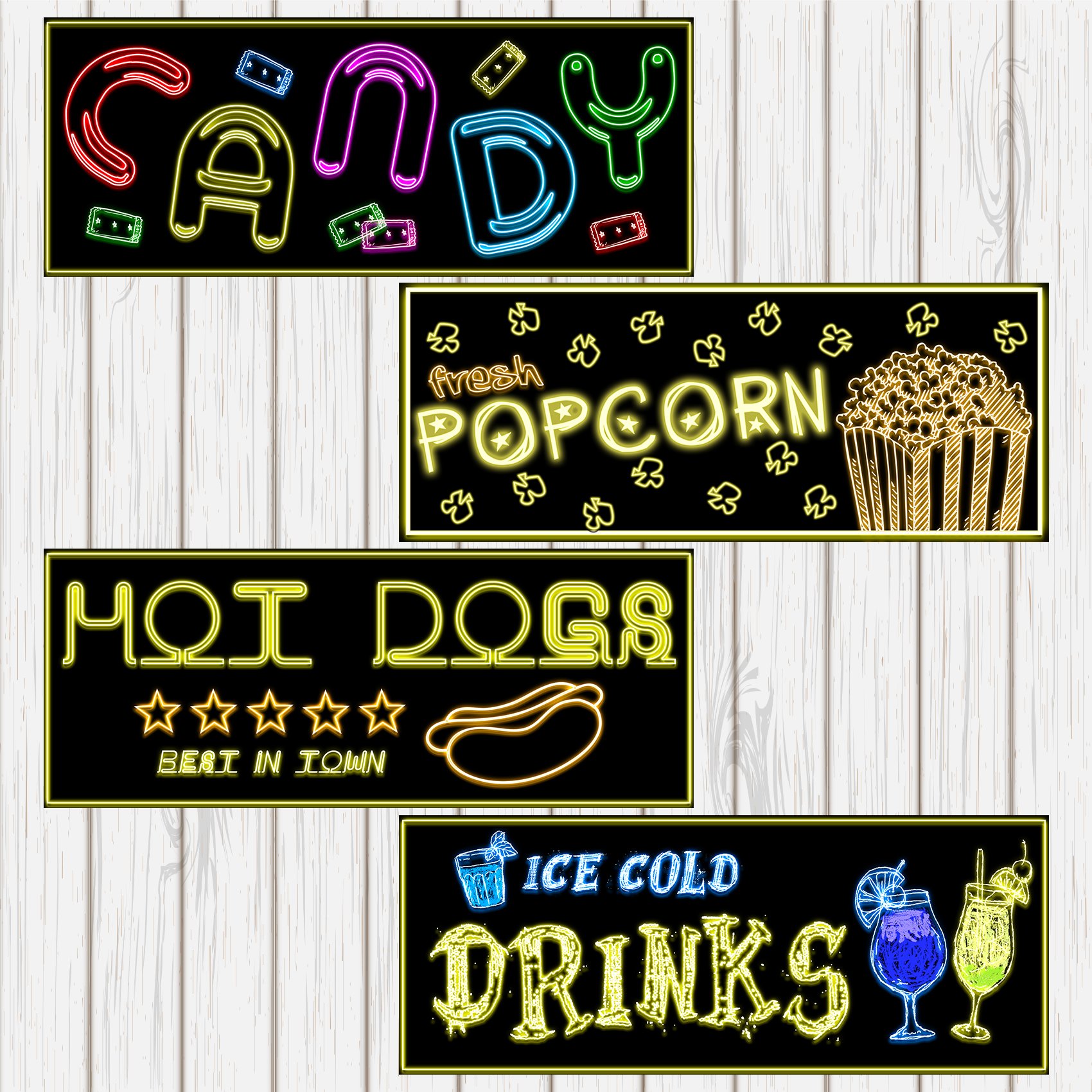 Musykrafties Movie Night Large Prepasted Food Sign - Dancing Snacks Theater Cutout Wall Mural Decal Stickers 4-Pack for Home Theater Decor, Cinema Party & Kids Room Decoration