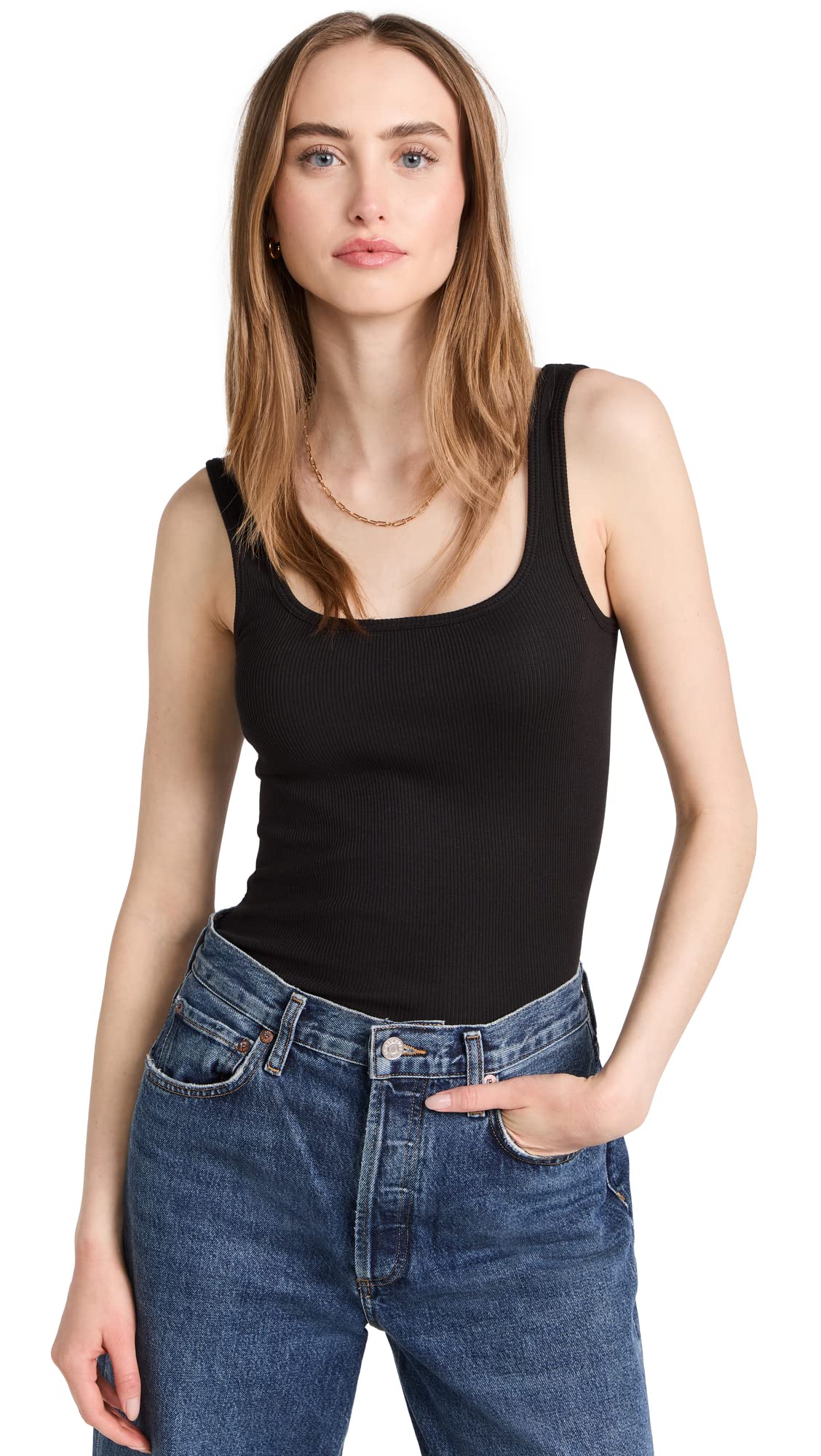 rag & bone Women's Essential Rib Scoop Neck Tank Top - Soft Stretch Cotton Blend Casual & Layering Basic for Everyday Wear