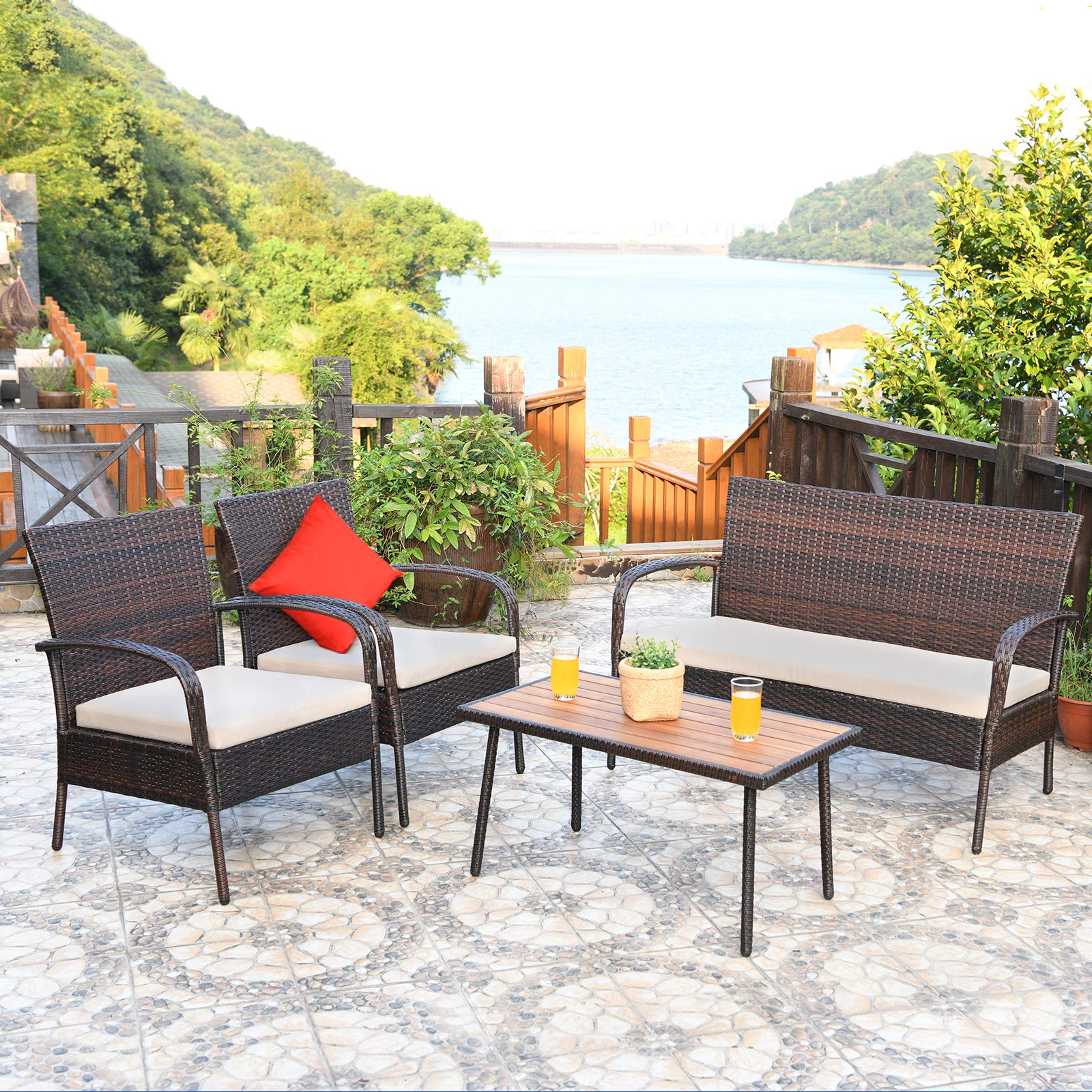 RELAX4LIFE 4-Piece Outdoor Patio Furniture Set - All-Weather Rattan Wicker Chairs with Acacia Wood Coffee Table & Cushions - Perfect for Garden, Poolside, Backyard, and Outdoor Entertaining