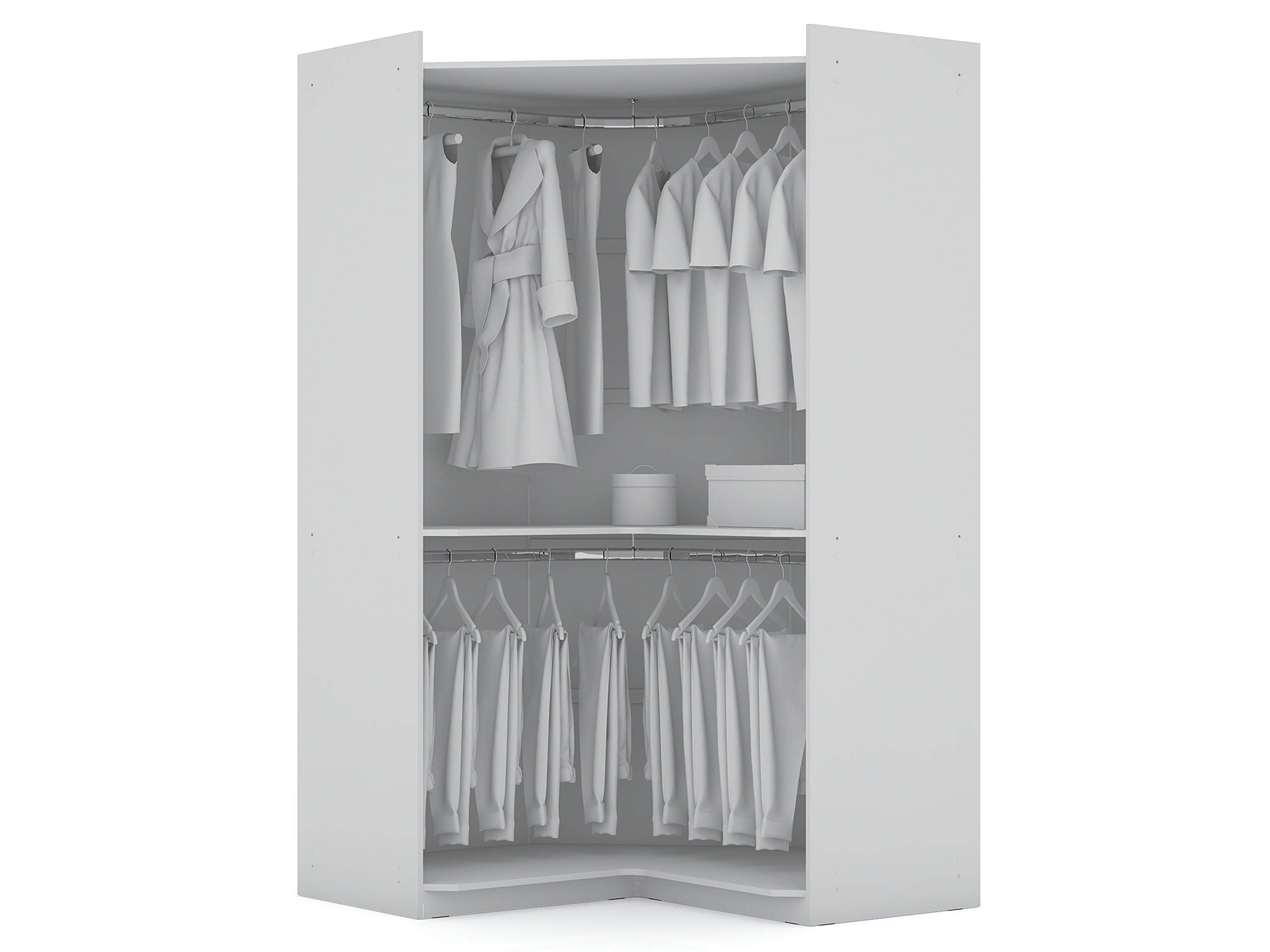 Modern White Free Standing Corner Wardrobe Closet with Rounded Hanging Rods & Open Shelves - Space-Saving Storage Solution for Bedroom, Living Room or Office - Manhattan Comfort Mulberry Collection