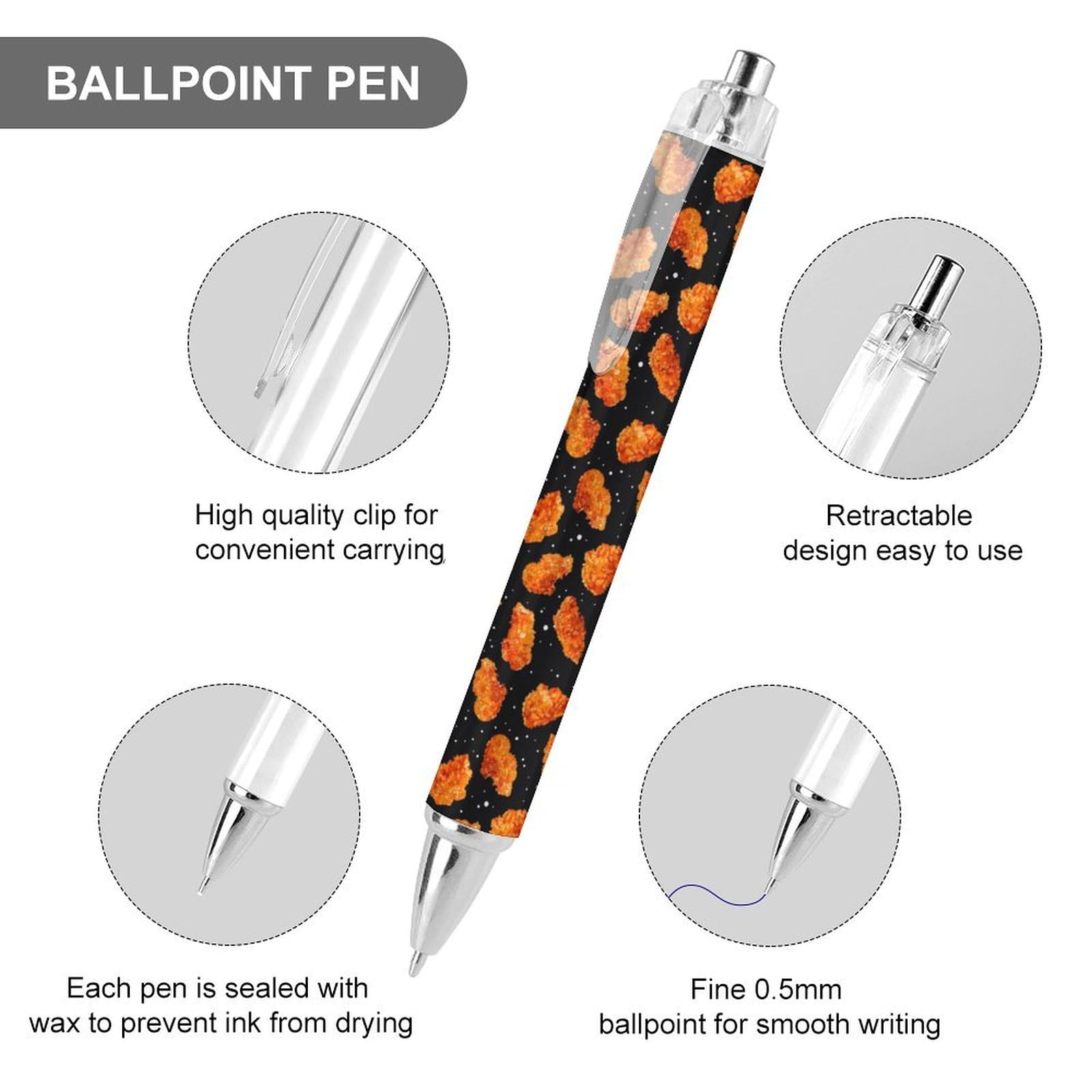 Crispy Fried Chicken Nuggets Ballpoint Pens - Retractable Gel Pen 0.5mm Fine Point Black Ink for Office, School & Home Use - Fun Novelty Writing Supplies for Food Lovers & Gift Giving