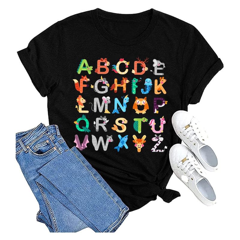 Funny ABC Animals Alphabet Graphic Tee for Women Teachers - Cute Kindergarten Teacher Shirt - Perfect Gift for Educators & Back to School Outfits - Classroom Teaching Apparel & Casual Wear