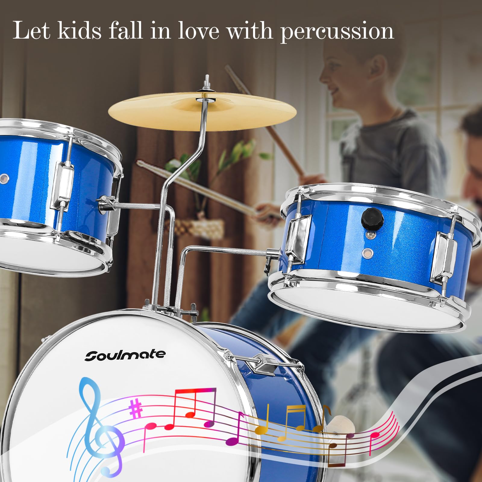 Soulmate Kids Drum Set 3-Piece 14 Inch Beginner Drum Kit with Adjustable Throne, Cymbal, Pedal, 8
