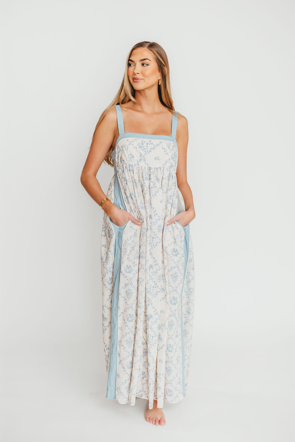 Lillian Toile Maxi Dress in French Blue - Floral Summer Midi Dress for Women, Perfect for Beach Vacations, Garden Parties & Date Nights