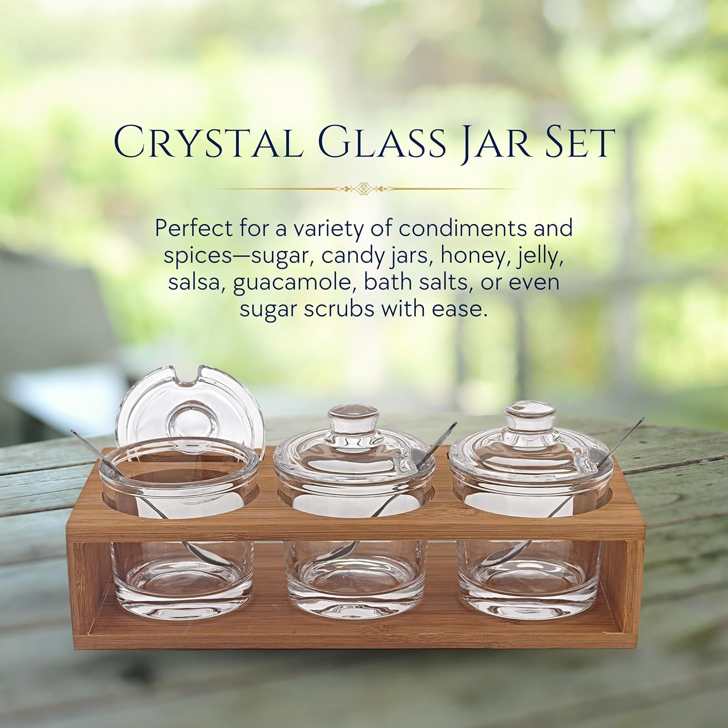 Premium 10-Piece Badash Crystal Glass Jar Set with Lids, Spoons & Wood Stand - Airtight Containers for Jam, Honey, Spices, Condiments - Perfect for Kitchen Organization, Salad Dressing, Sauce Storage & DIY Gift Packaging