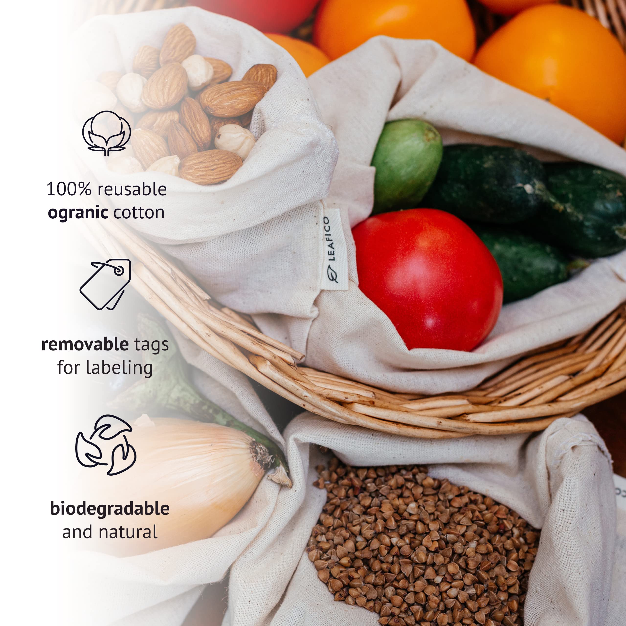 LEAFICO 8-Pack Muslin Drawstring Bags (S, M, L, XL) - Organic Cotton Reusable Storage Bags for Bulk Foods, Herbs & Spices - Eco-Friendly Fabric Pouches for Kitchen Pantry Organization & Travel Snacks