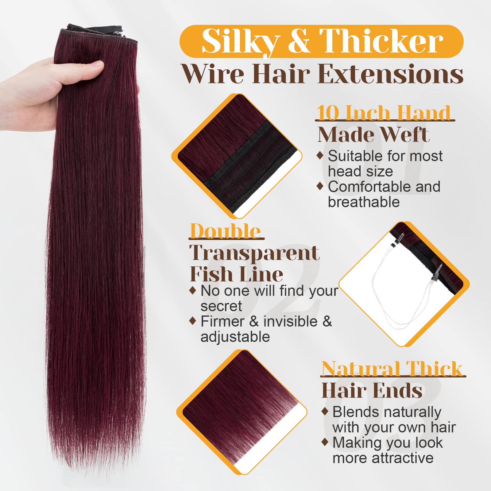 18 Inch 100g Wine Red Human Hair Extensions with Thick Ends & Invisible Wire - Real Human Hair with 2 Fish Lines for Thicker, Natural-Looking Hairpieces | Perfect for Women's Daily Styling, Parties & Special Occasions