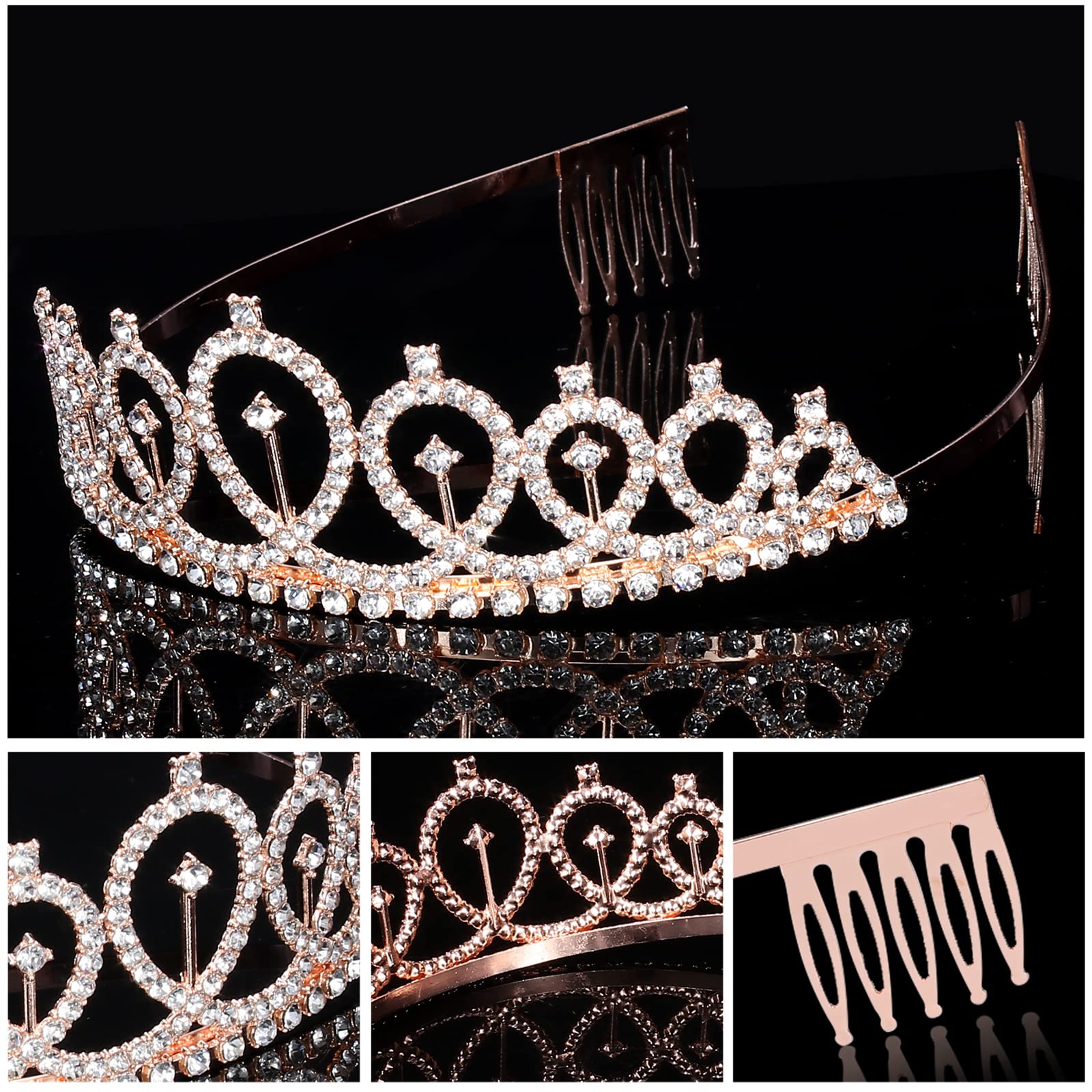 CIEHER Rose Gold Birthday Crown & Black Sash Set for Women - Elegant Crystal Tiara & Queen Crown for Birthday Parties, Decorations, and Special Celebrations - Perfect Birthday Gift for Women