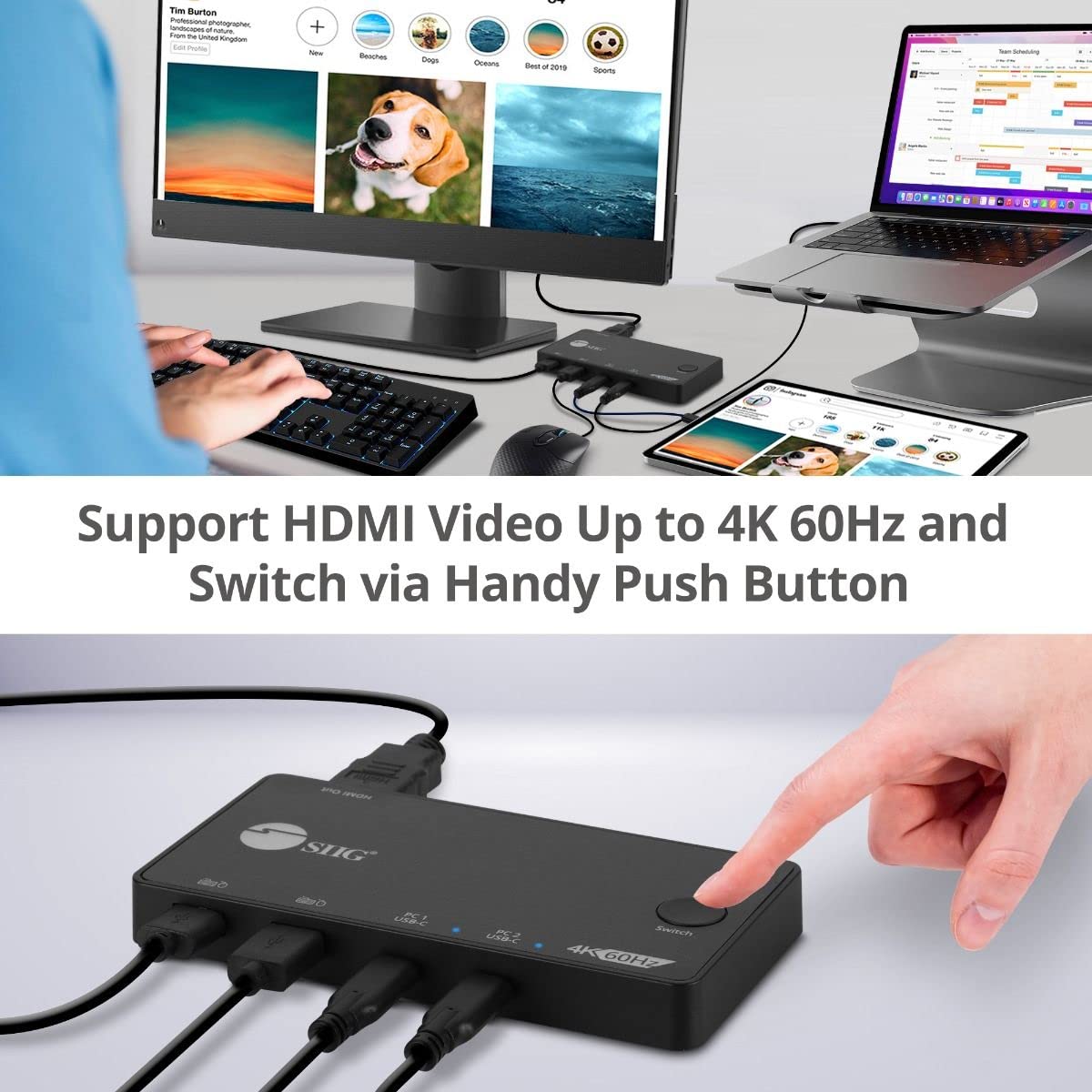 SIIG 2 Port USB-C KVM Switch - Share 1 Monitor Between 2 Computers with 4K 60Hz HDMI | 2X USB-A & 2X USB-C Ports | USB-C Bus Powered | Button Control | Thunderbolt 3 Compatible (CE-KV0B11-S1) | Perfect for Home Office, Gaming & Multi-Device Workspaces