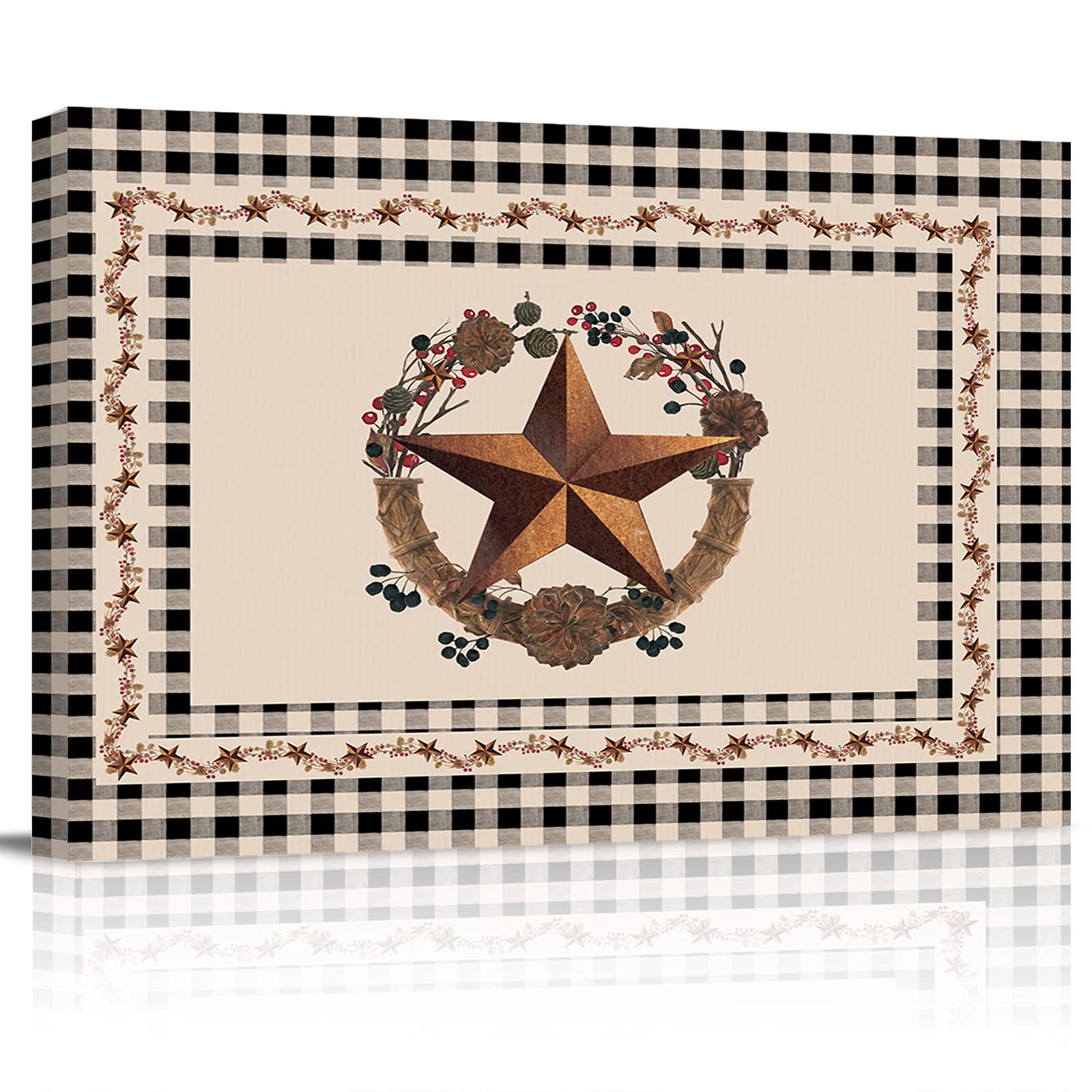 12x16 Inch Rustic Country Star Farm Berry Border Buffalo Plaid Canvas Wall Art - Framed Wood Oil Painting for Living Room, Bedroom, Bathroom, Kitchen & Office Decor | Perfect for Farmhouse, Cottage & Vintage Home Style
