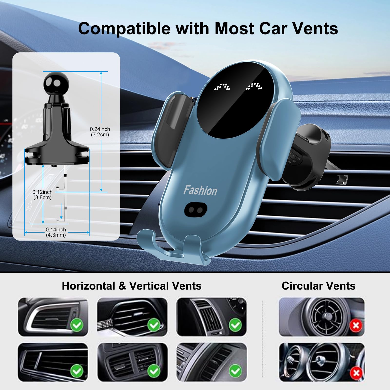 15W Qi Fast Wireless Car Charger Mount - Auto Clamping Air Vent Phone Holder for iPhone 16/15/14/13/12 Pro Max & Samsung Galaxy S22/S21/S20/Note 20 (Blue) | Perfect for Commuting & Road Trips