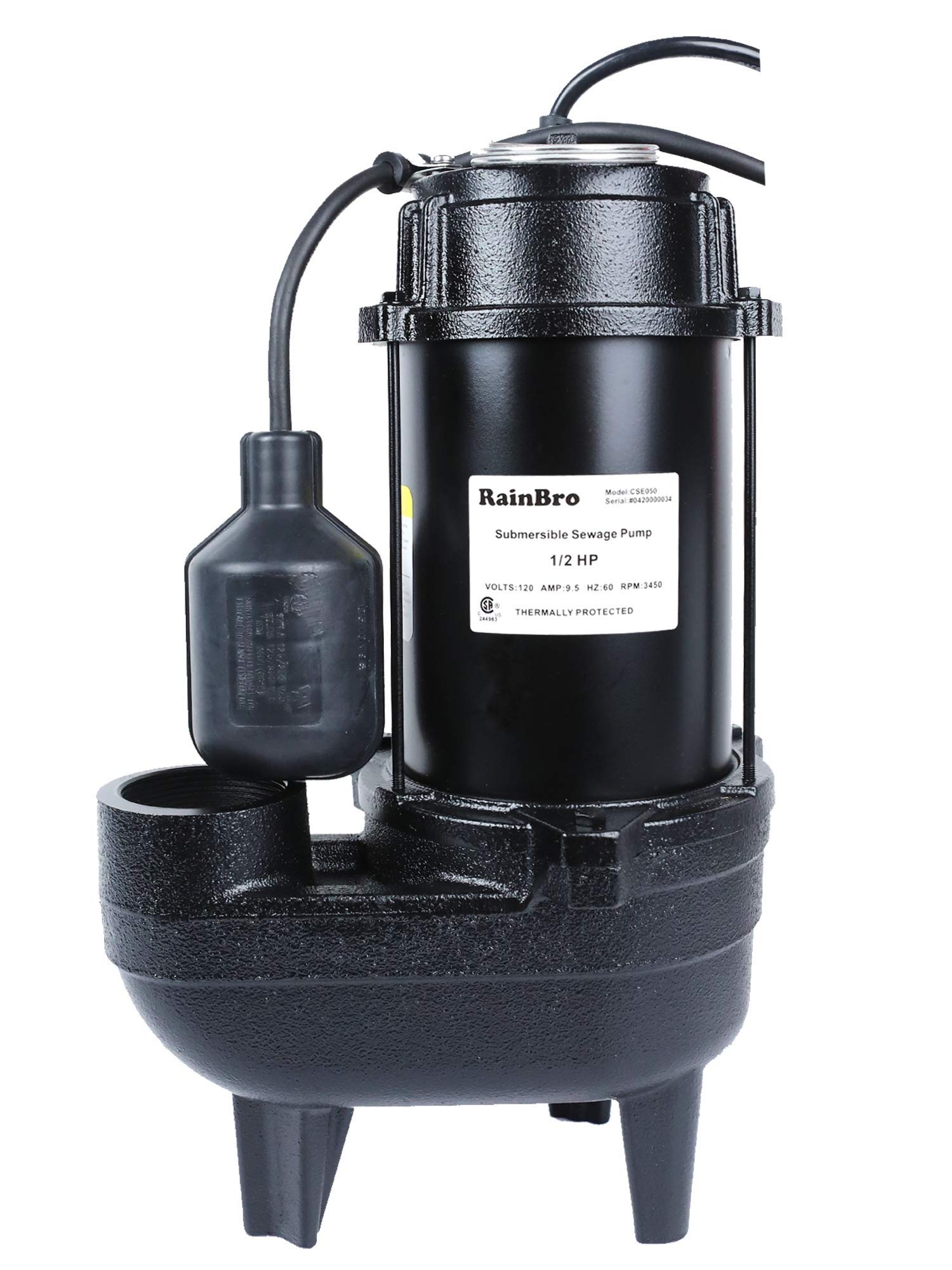 RainBro 1/2 HP Cast Iron Submersible Sewage Pump with 10 ft. Float Switch - Heavy Duty Water Removal for Basements, Sump Pits & Flooded Areas - Model CSE050