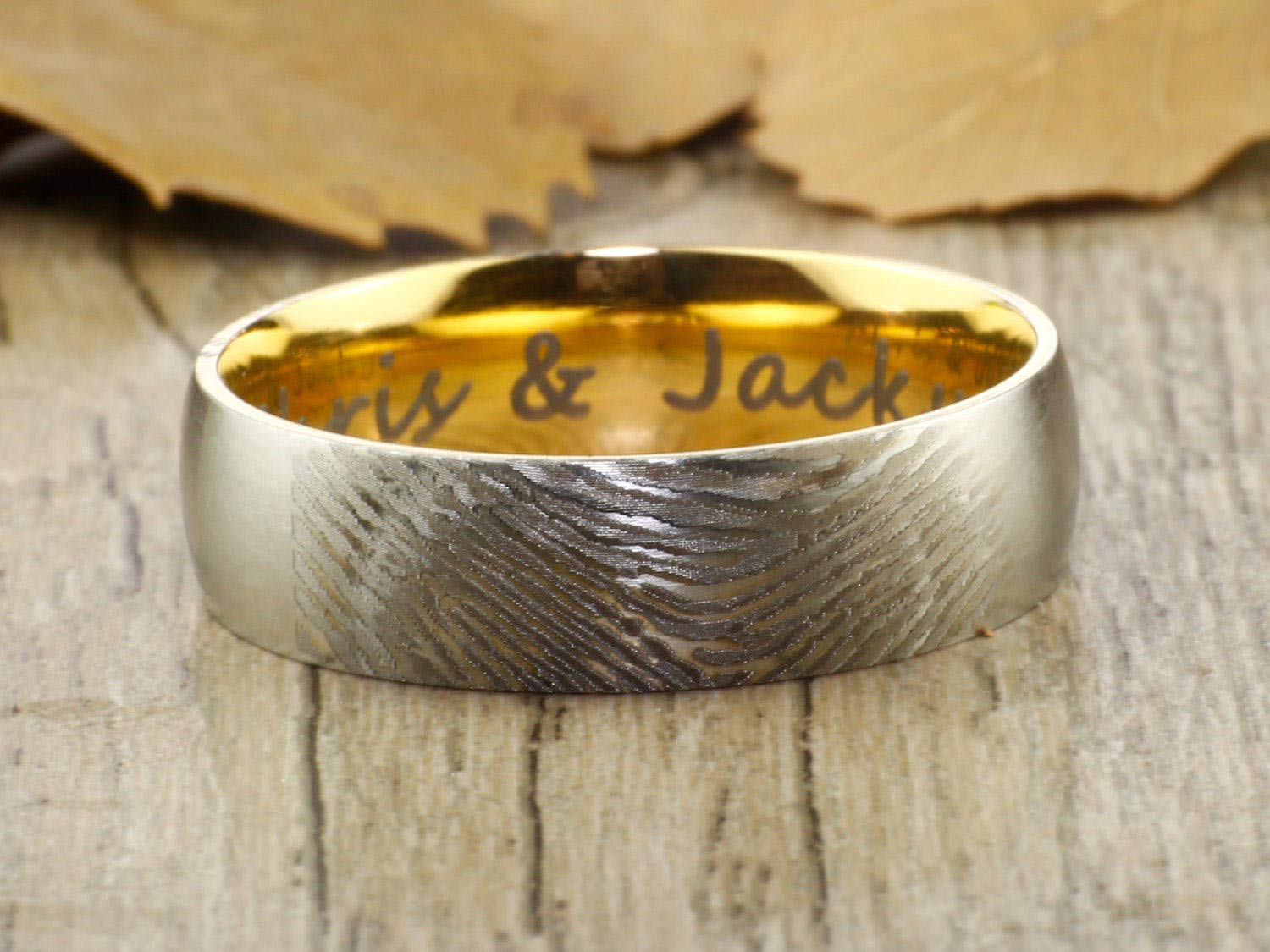 Personalized Engraved Fingerprint Wedding Rings Set - Custom Couple Rings in Two-Tone Gold & Titanium - Perfect for Anniversaries, Engagements & Unique Gifts
