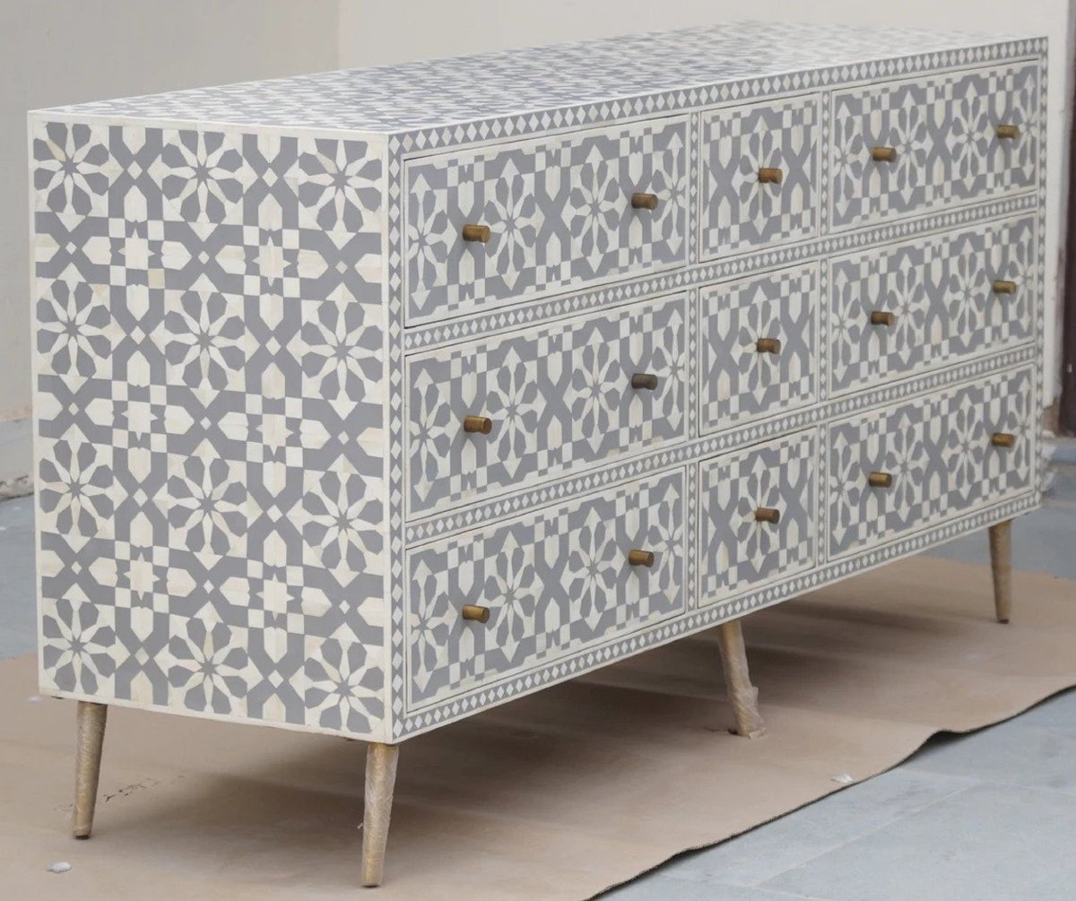 Handmade Gray Bone Inlay Moroccan 9-Drawer Chest | Custom Storage Cabinet for Bedroom, Living Room & Entryway Organization