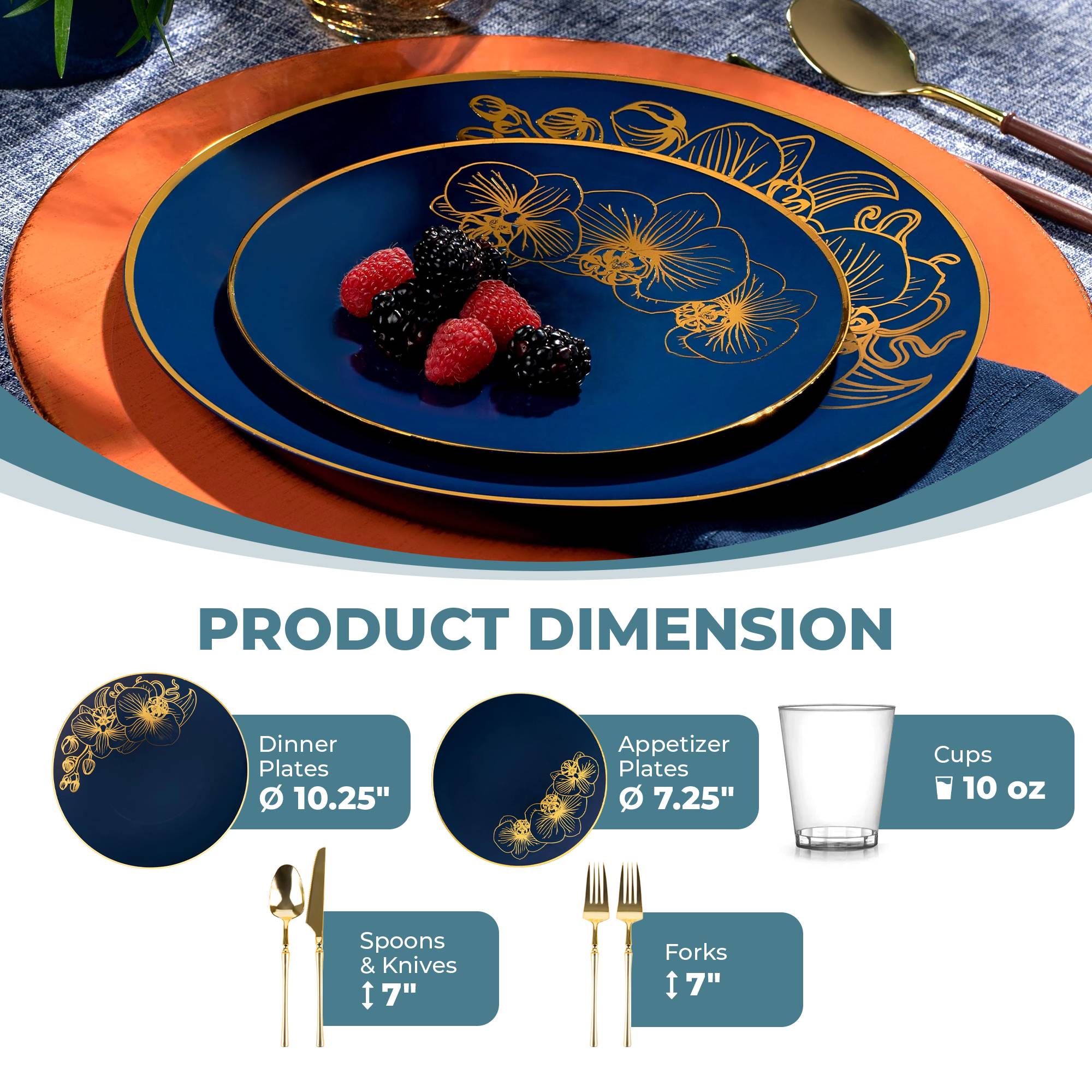 Royal Blue & Gold Plastic Party Bundle - Elegant Orchid Decor for Weddings, Birthdays & Special Events - Premium Plastic Tableware Set for Celebrations