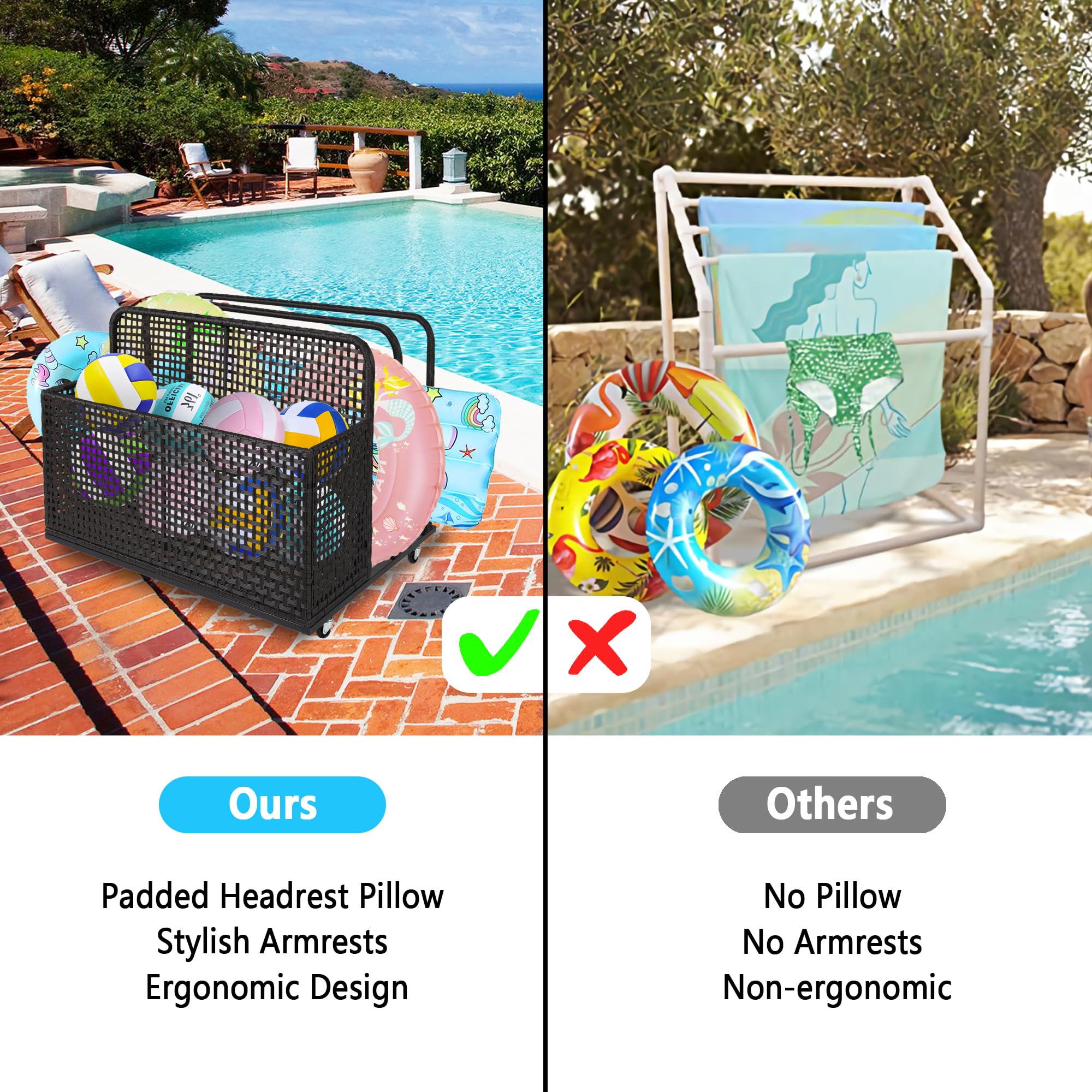 TrailBlaze Outdoor Storage Organizer - Double Layer Rattan Pool Towel Rack with Wheels | Waterproof Poolside Float & Cushion Storage Bin for Patio, Garden, Backyard | Perfect for Pool Parties, Summer Relaxation & Outdoor Organization