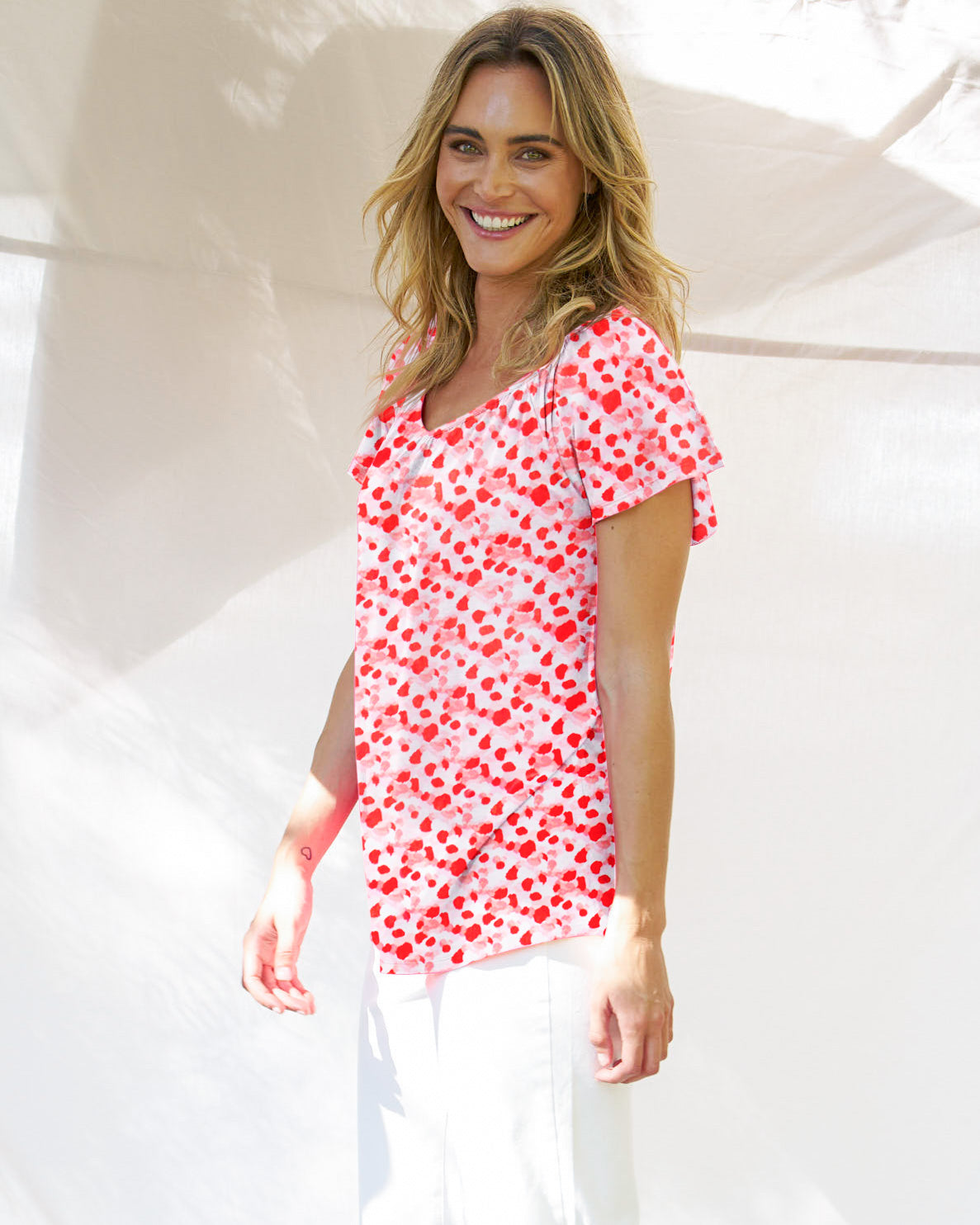 Betty Basics Coral Shirred Tee Blossom Print - Women's Floral Short Sleeve T-Shirt for Casual Wear, Summer Outfits, and Beach Vacations