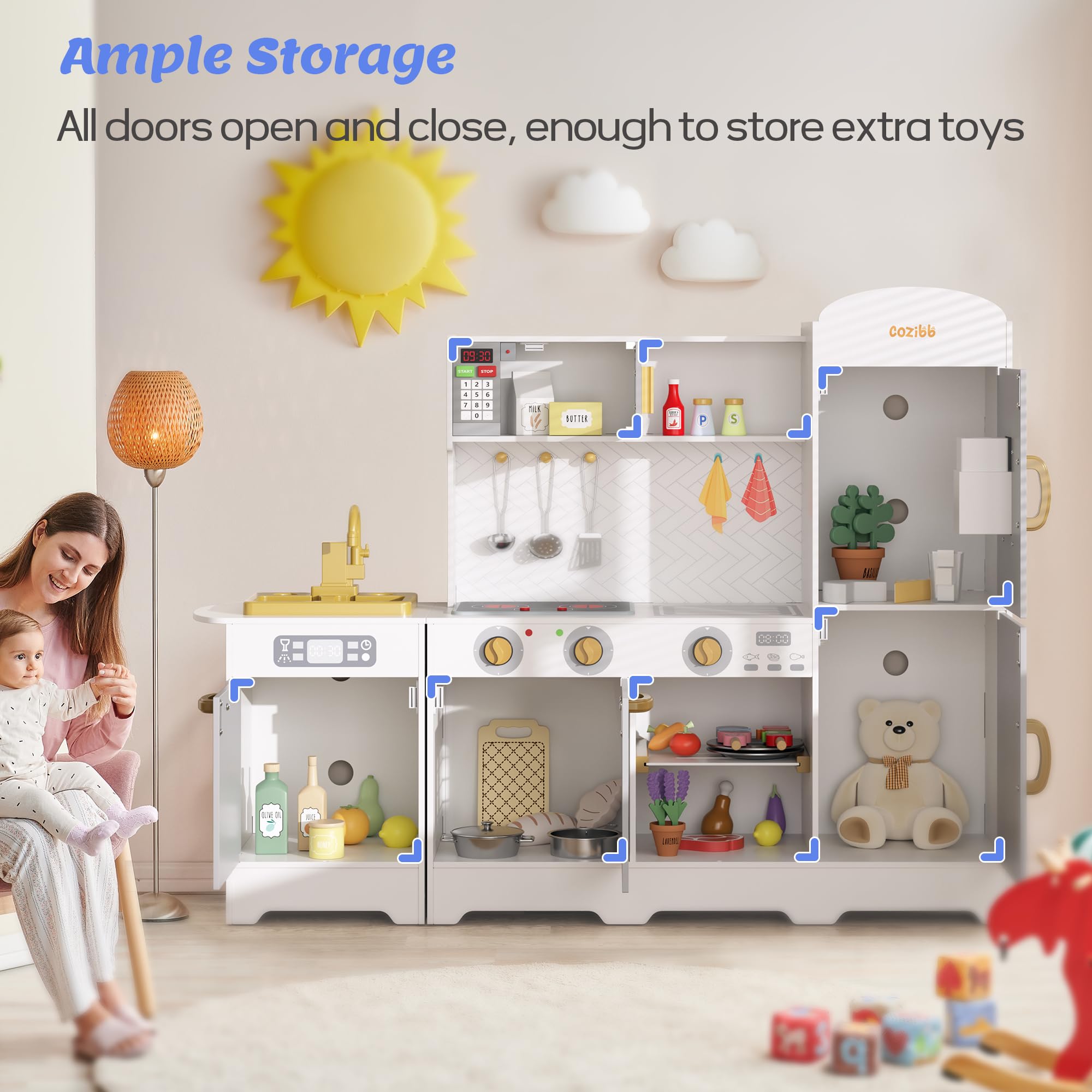 **Wooden Play Kitchen for Kids - Toy Kitchen Set with 21 Accessories, Oven, Microwave, Ice Maker & BBQ | Lights & Sounds | Storage System | Gift for Toddlers Ages 3+ | Pretend Play, Birthday & Christmas Gift Idea**
