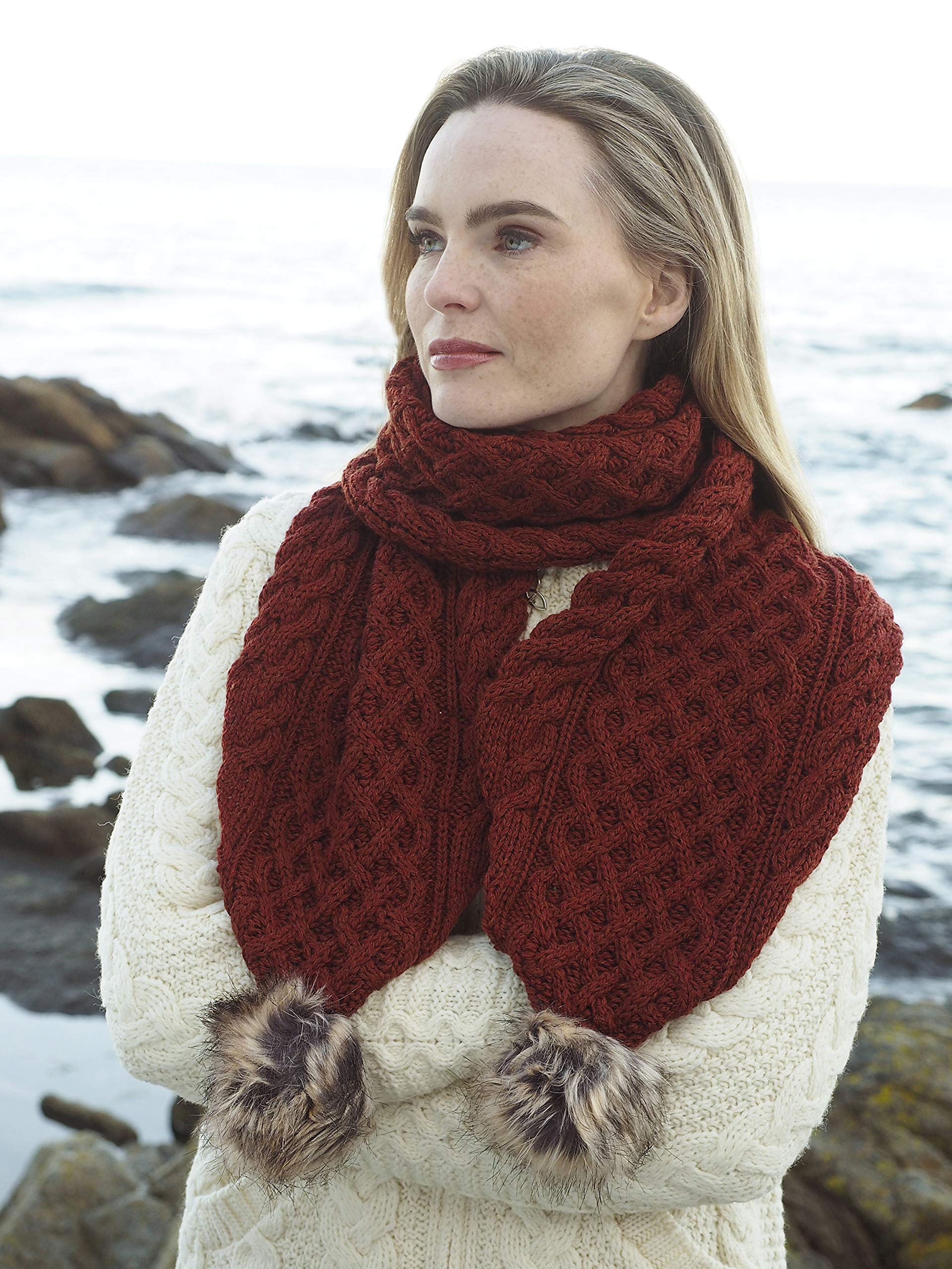 Aran Crafts Irish Cable Knit Wool Scarf with Faux Fur Pom - 10