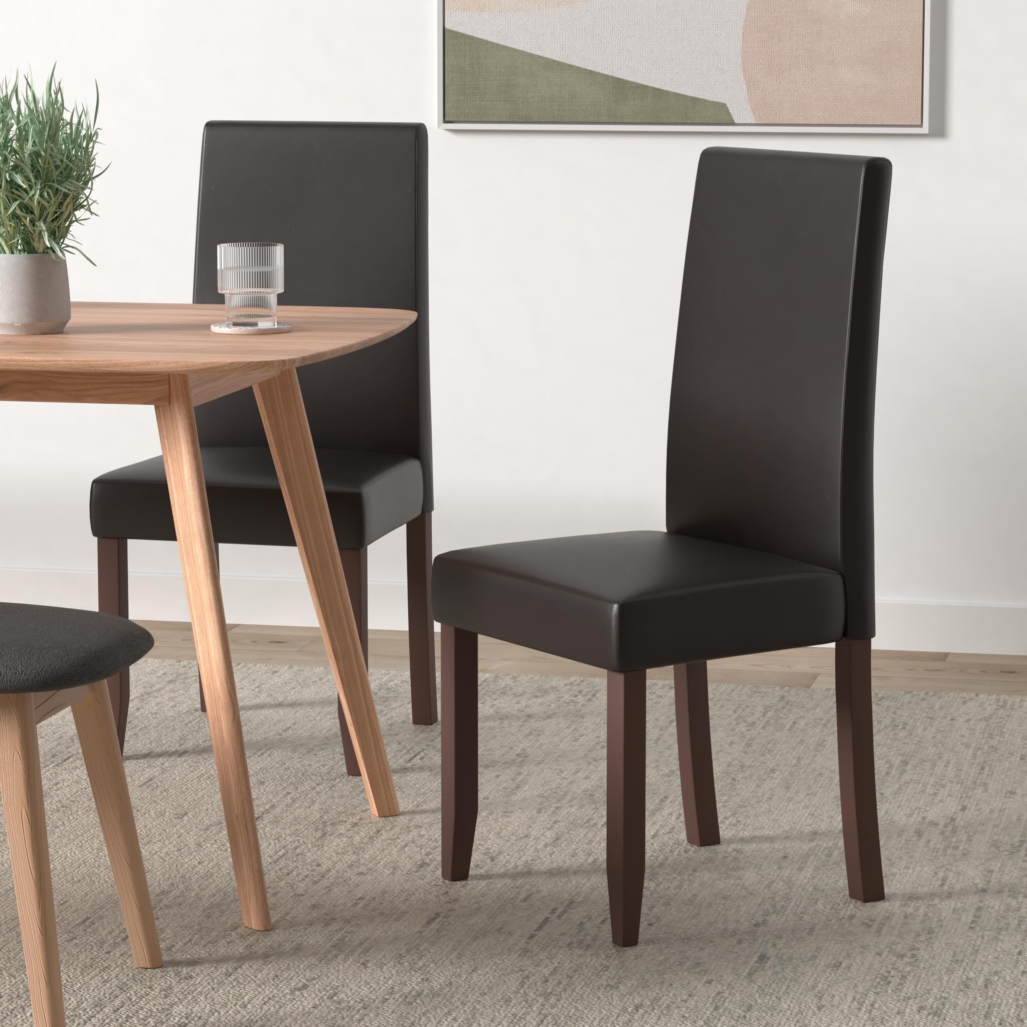 SIMPLIHOME Acadian Parson Dining Chairs (Set of 2) - Midnight Black Faux Leather & Solid Wood Square Upholstered Chairs for Dining Room | Modern Contemporary Style | Perfect for Home, Restaurant, and Office Use
