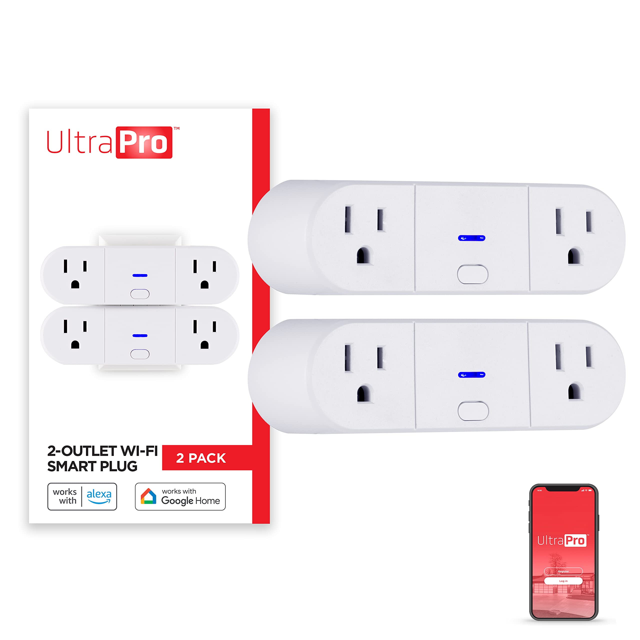 UltraPro Smart Plug WiFi Outlet 2 Pack - Works with Alexa, Google Home & Echo - No Hub Required - App Controlled - ETL Certified - Perfect for Home Automation, Smart Lighting & Energy Saving