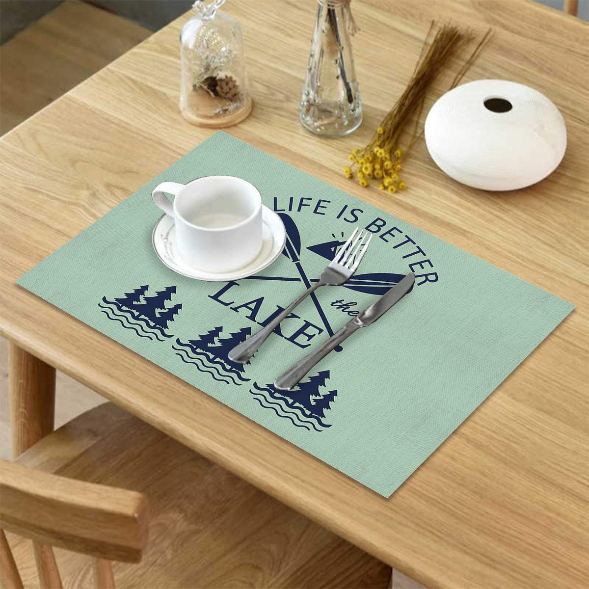Xspring Set of 4 Heat-Resistant Washable Burlap Placemats - Lake Mountain Pine Forest Design for Dining Table, Round Table, Patio & Outdoor Use - Perfect for Family Dinners, BBQs, and Picnics