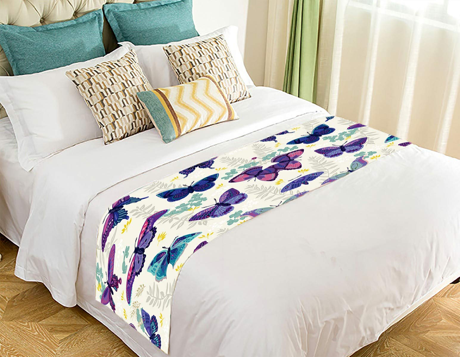 Vintage Floral Butterfly Bed Runner Scarf - 20x95 Inch Elegant Bed Decor for Master Bedroom, Guest Room, or Hotel Styling