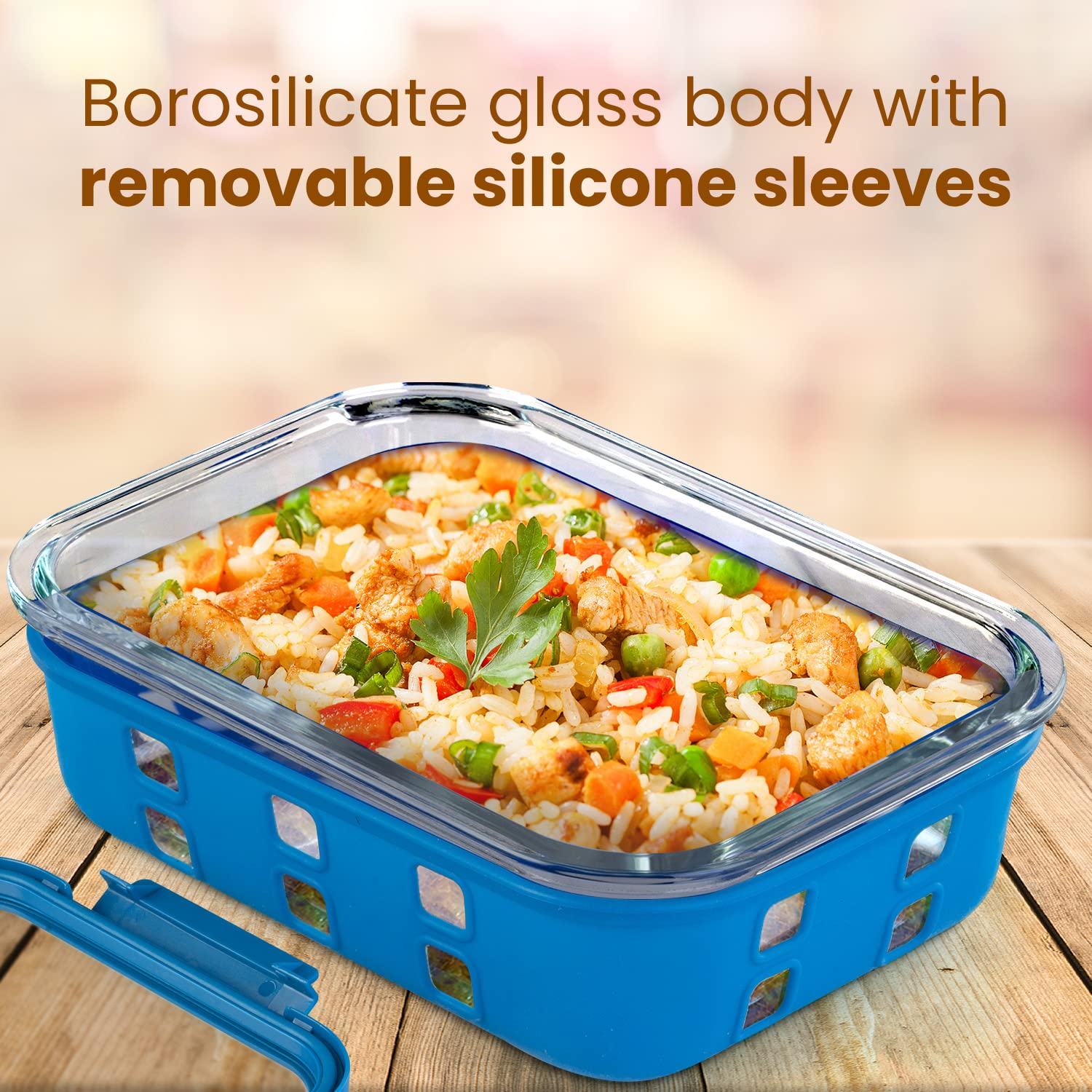 Premium Borosilicate Glass Food Storage Containers with Silicone Sleeves & Locking Lids - 3-Piece Set (370ml, 640ml, 1050ml) - Microwave, Oven & Freezer Safe - Rectangle Transparent & Blue - Perfect for Meal Prep, Leftovers & Kitchen Organization