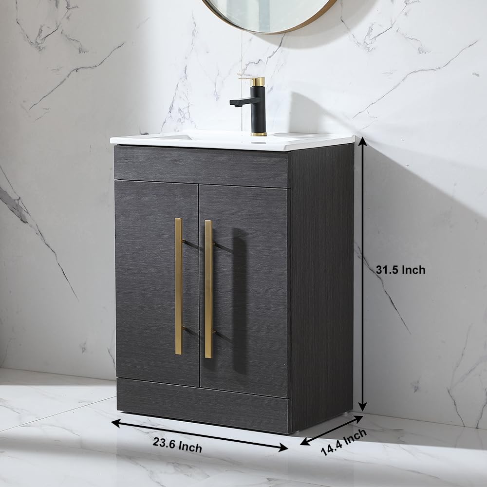 24 Inch Modern Bathroom Vanity with Sink - Small Space Black & Grey Cabinet with 2 Doors & Gold Handles | Perfect for Compact Bathrooms, Powder Rooms & Apartment Renovations