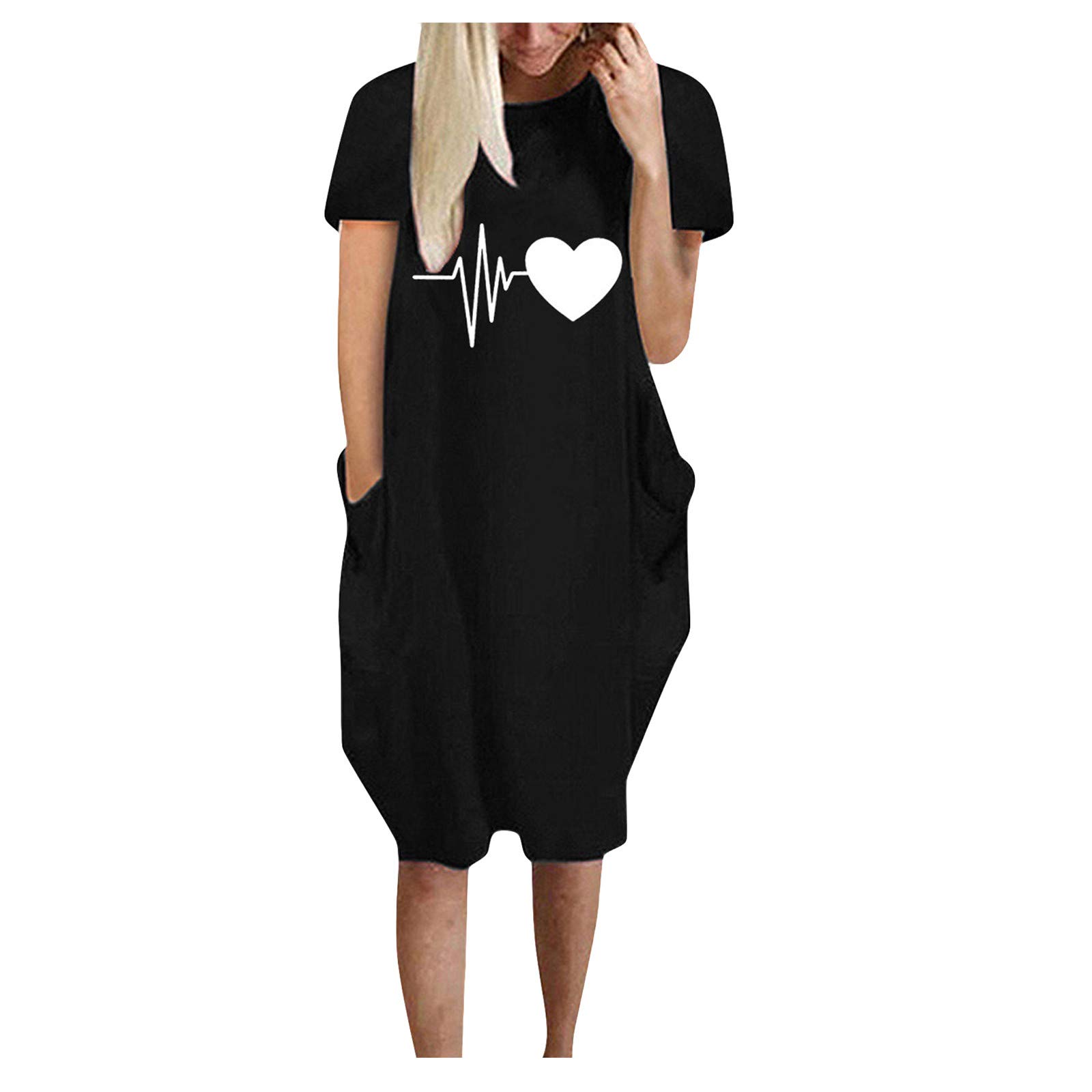 GTMANG Women's Loose Casual Dress with Pockets - Short Sleeve Round Neck Tie Print Heart-Shaped Summer Dress | Perfect for Beach Outings, Picnics, and Casual Daily Wear