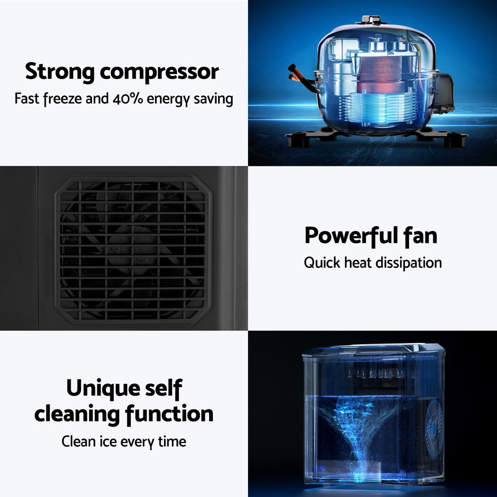 Devanti 12kg (26.5lb) Portable Ice Maker Machine with 1.3L Water Tank & Built-in Scoop Holder - Fast Ice Production for Home, Office, Party, RV & Outdoor Use - Black