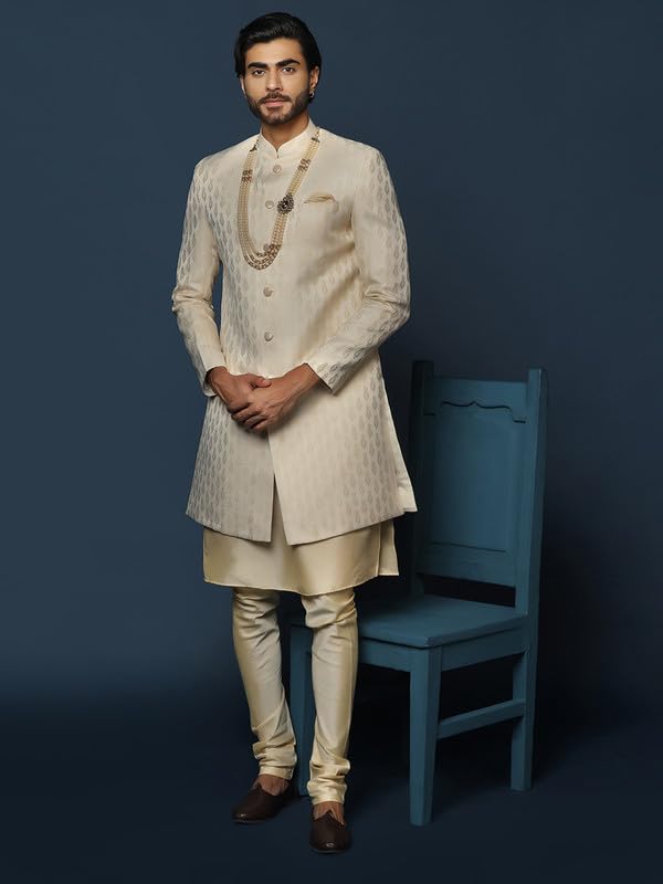 KISAH Men's Indo Western Sherwani Set - Cream Cotton Blend Ethnic Wear | Traditional Indian Wedding Outfit for Groom & Groomsmen | Perfect for Weddings, Festivals & Cultural Events