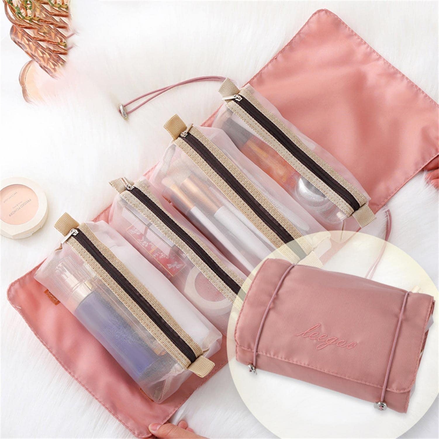 4 in 1 Foldable Makeup Bag with Removable Compartments - Travel Cosmetic Organizer, Mesh Toiletry Bag for Women - Perfect for Vacation, Gym & Daily Essentials Storage