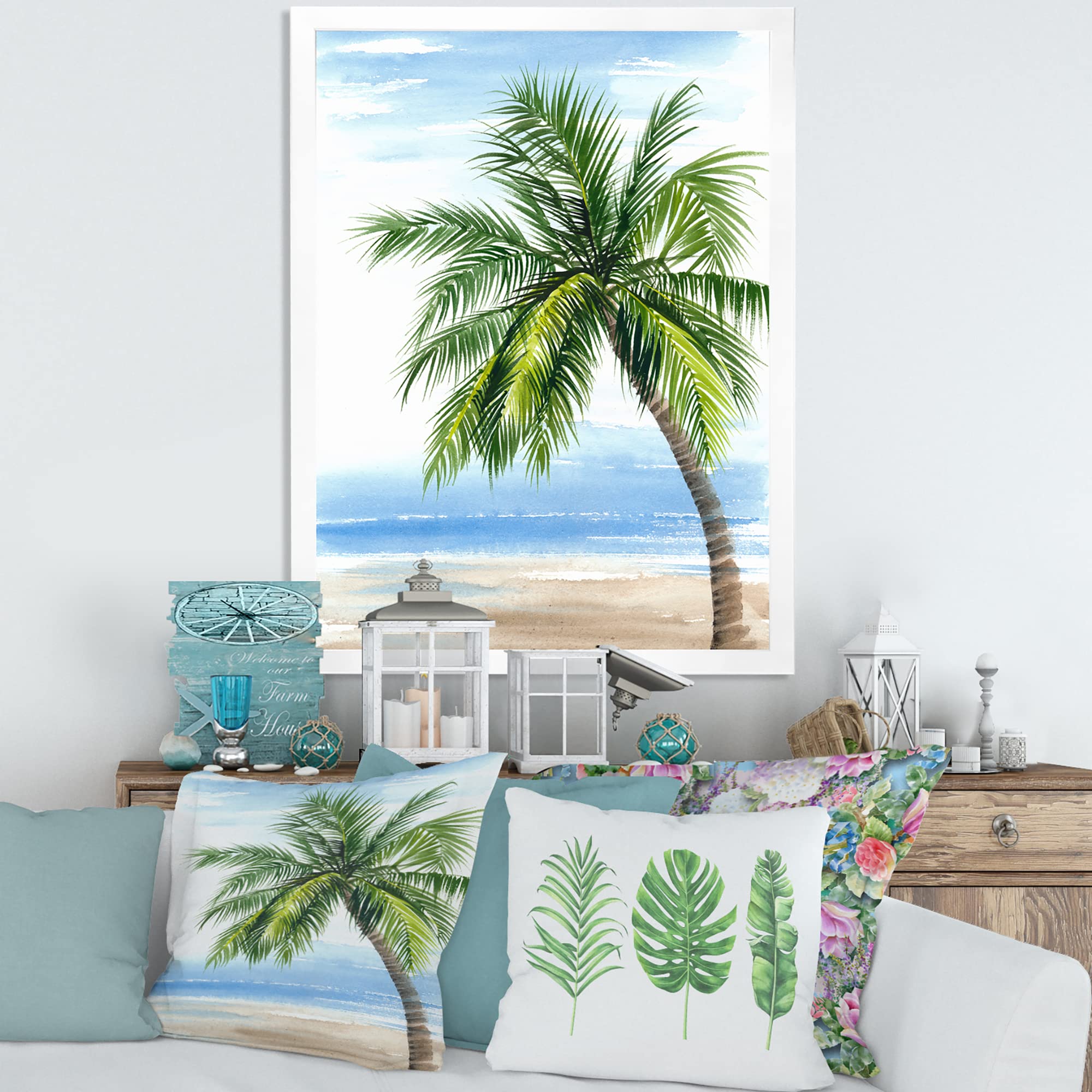 DesignQ Palm Tree At The Beach Resort Nautical & Coastal Framed Wall Art - Tropical Beach Decor for Living Room, Bedroom & Office - Perfect Coastal Theme Home Decoration