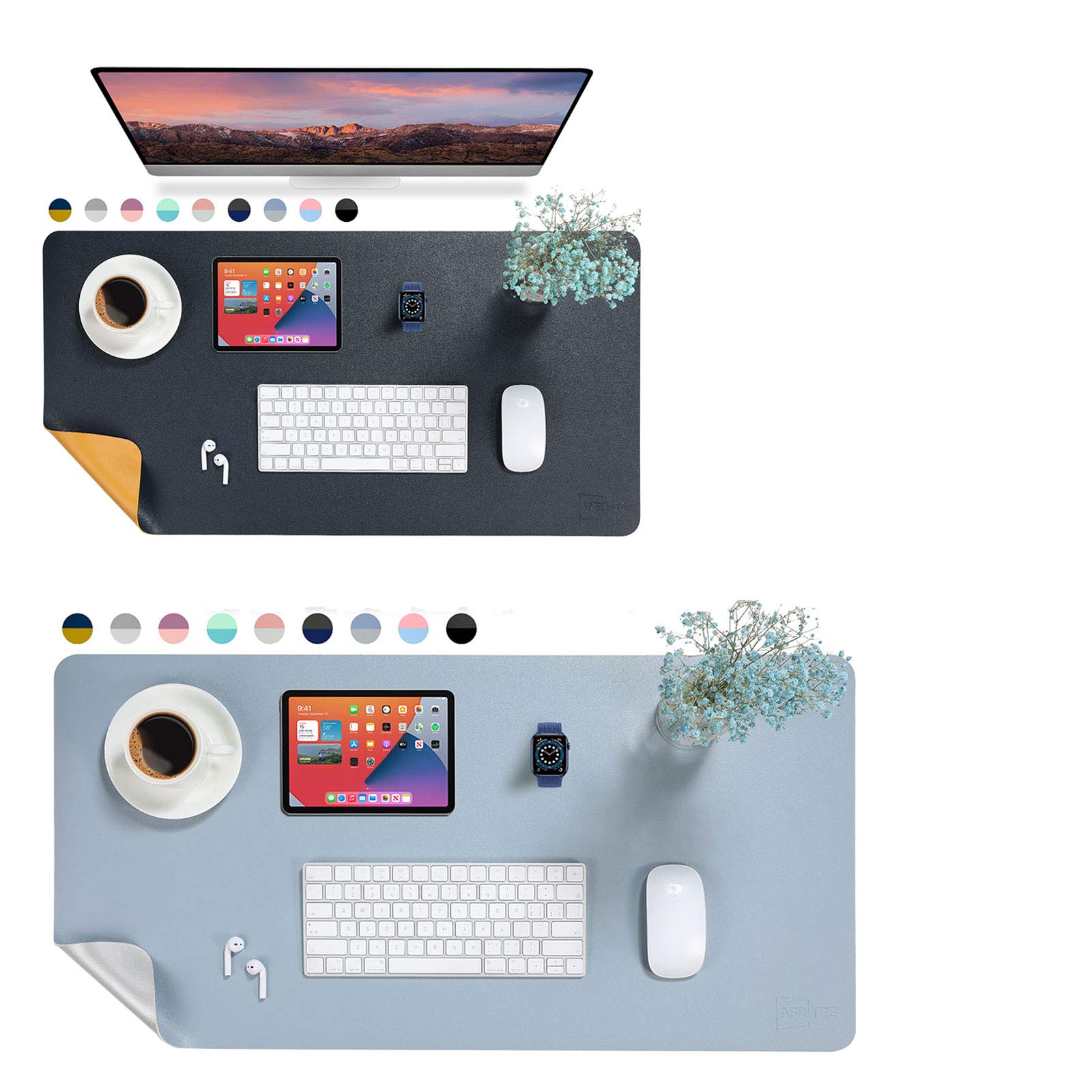 AFRITEE Large Desk Pad Protector Mat - Non-Slip Mouse Pad & Waterproof Writing Surface (Grayish Blue/Silver 31.5