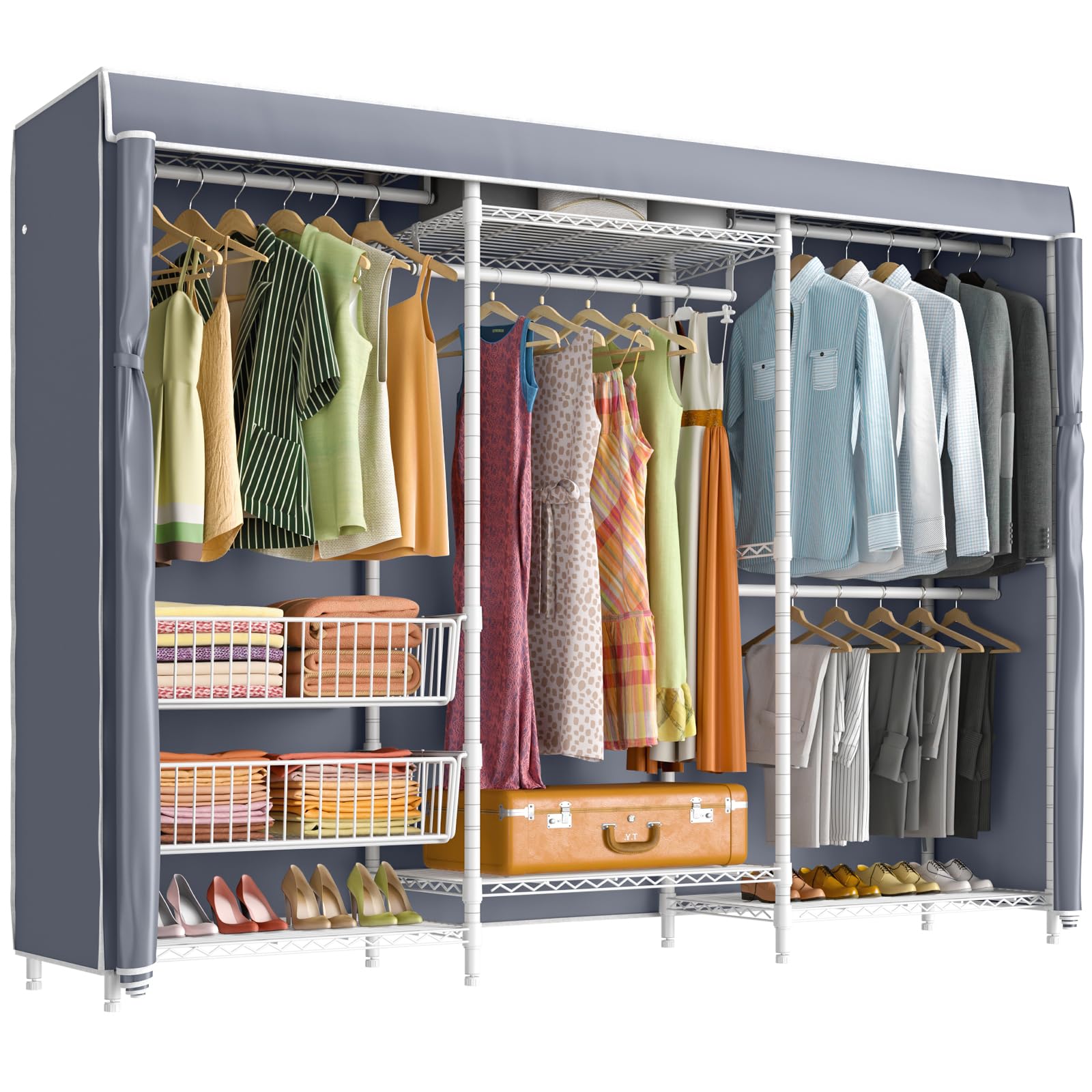 VIPEK V10C Plus Heavy Duty Portable Closet - Adjustable Wardrobe Storage Rack with Sliding Baskets & Grey Oxford Fabric Cover - Ideal for Bedroom, Dorm, Apartment, and Small Space Organization (White)