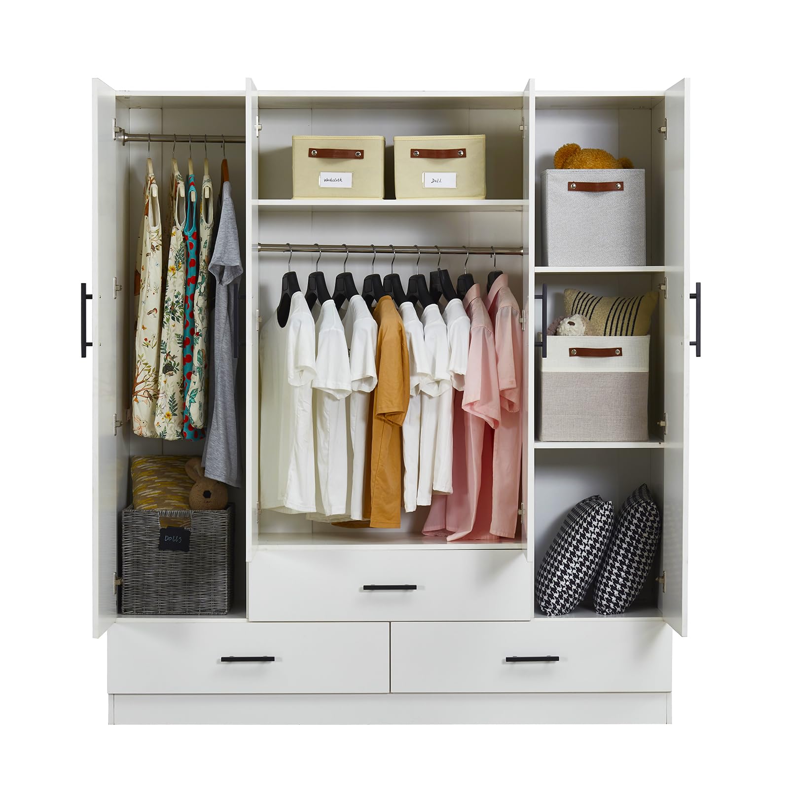 White 4-Door Wardrobe Cabinet with Hanging Rod & Storage Drawers - 71