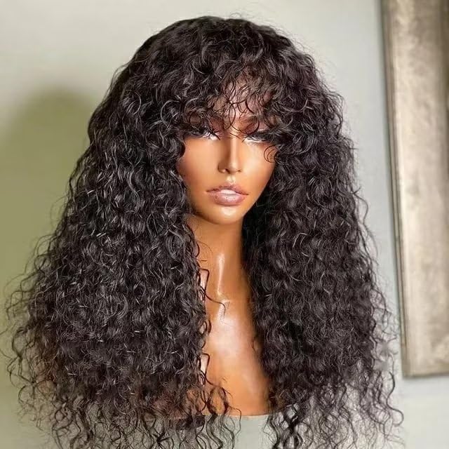 CLASSINE 24 Inch Brazilian Human Hair Wig for Women - Curly Glueless Lace Front Wig with Bangs, Natural Black Hair Replacement for Daily Wear & Cosplay