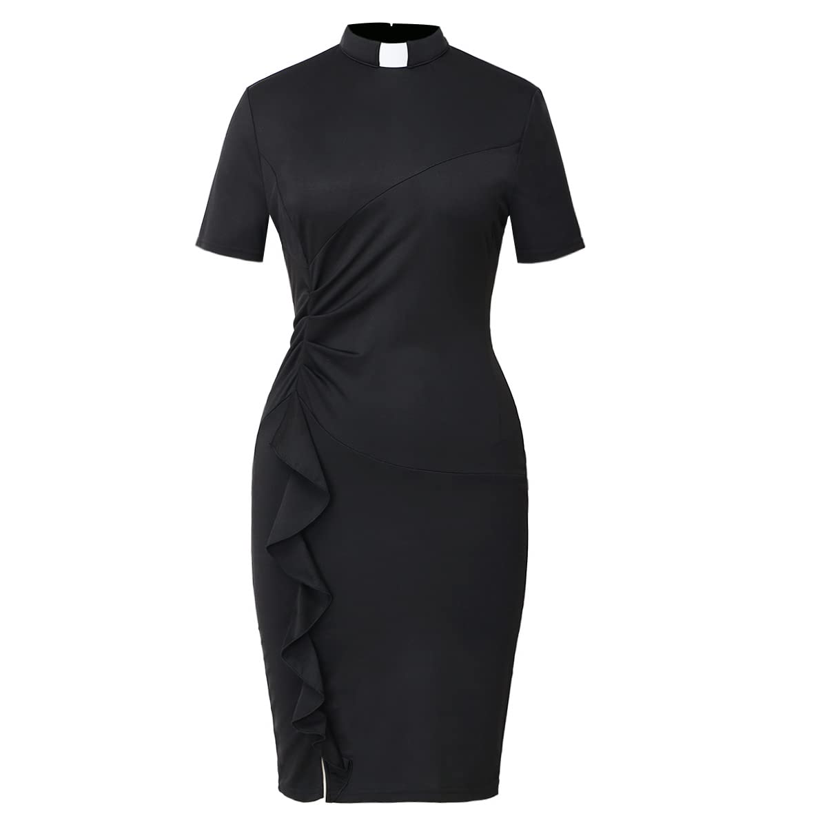 BLESSUME Women's Church Clergy Tab Collar Dress - Black Short Sleeve Pencil Dress for Mass & Church Services - Perfect for Sunday Worship, Communion & Formal Church Events