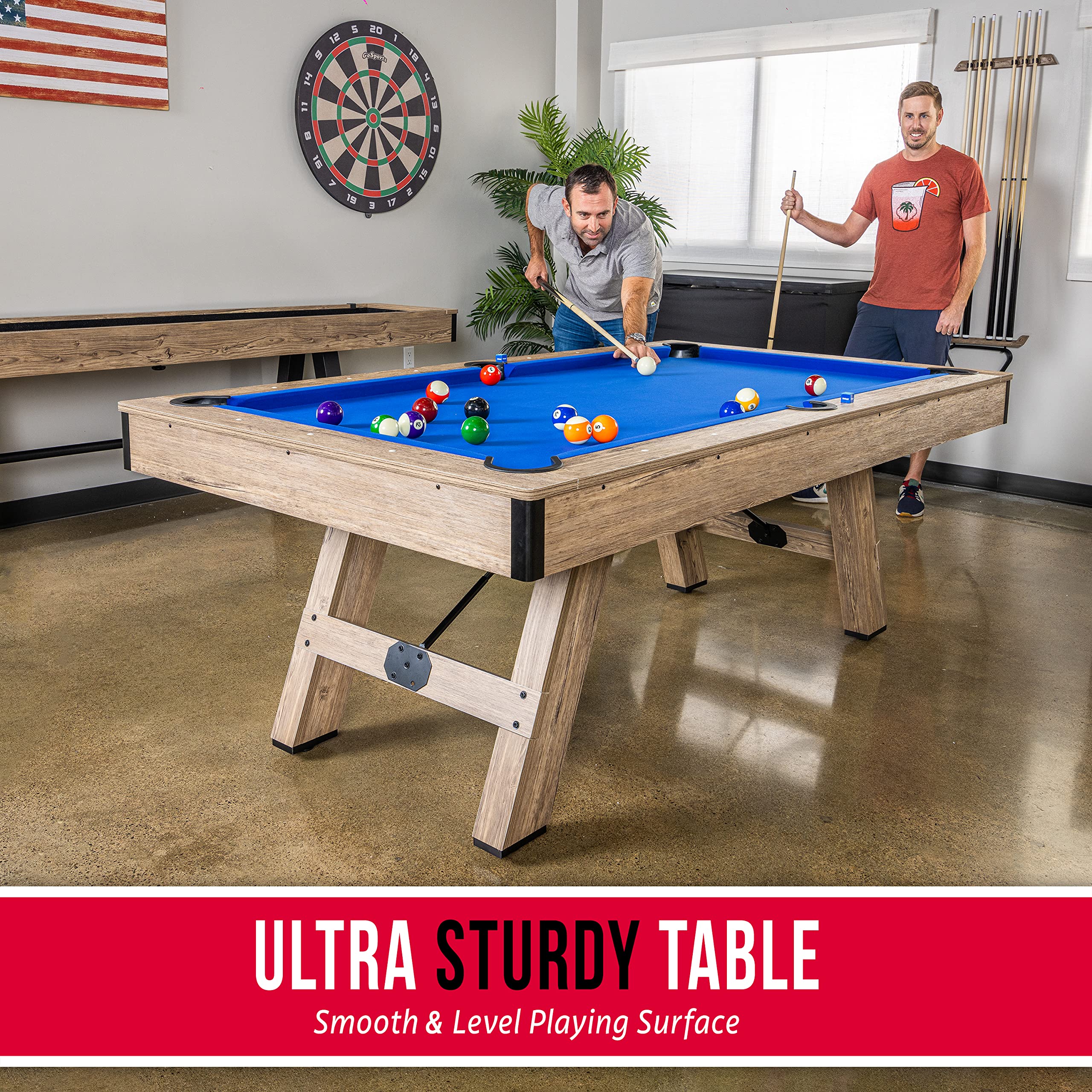 GoSports 7 ft Wooden Pool Table with 2 Cue Sticks, Balls, Rack & Accessories - Modern Billiards Table for Home Game Room, Bar or Office Entertainment