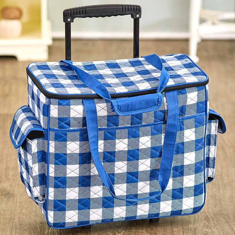 Rolling Sewing Machine Tote Bag - Navy Buffalo Check Pattern, Portable Craft Storage for Quilting & Sewing Projects, Perfect for Travel & Workshops