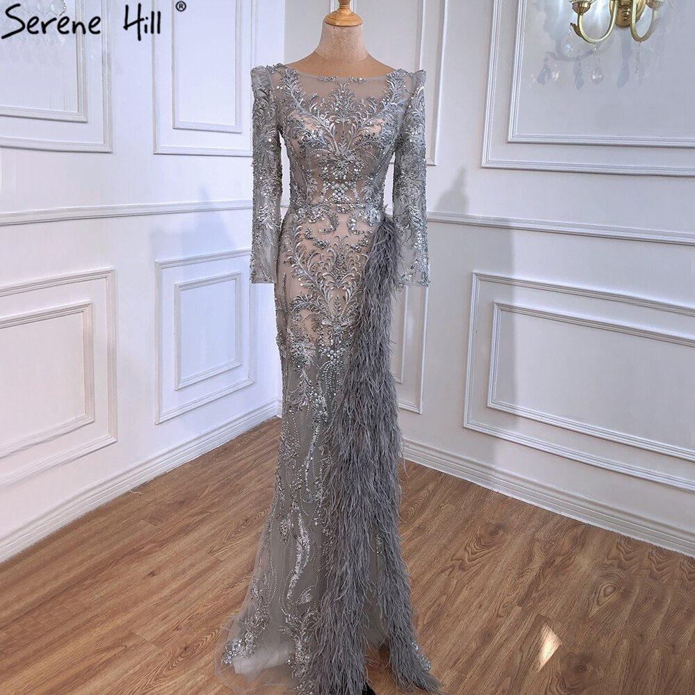 Elegant Grey Mermaid Evening Gown with Beading & Feathers - Luxury Formal Dress for Women | Perfect for Prom, Gala & Special Occasions