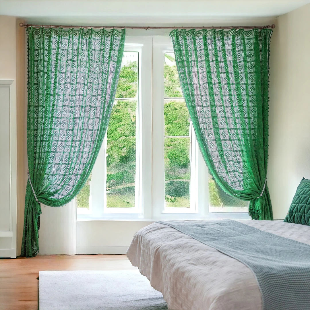 Hadley Cotton Crochet Vintage Green Sheer Custom Curtains - Elegant Boho Window Treatments for Living Room, Bedroom & Nursery Decor