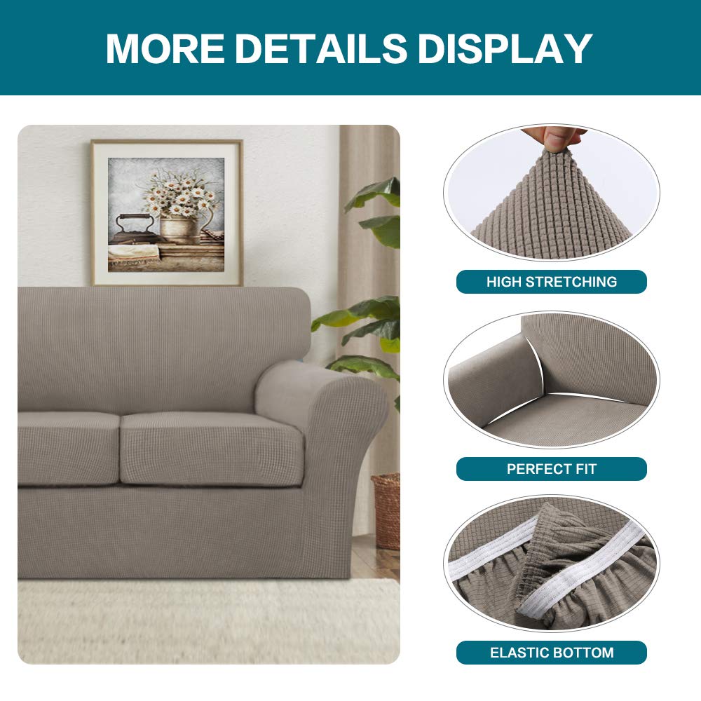 Turquoise 3-Piece Sofa Slipcover Set for 2-Cushion Loveseat - Soft, Washable Jacquard Fabric Couch Cover with 2 Individual Cushion Protectors - Pet-Friendly Furniture Cover for Dogs (Taupe) - Perfect for Living Rooms, Apartments & Pet Owners