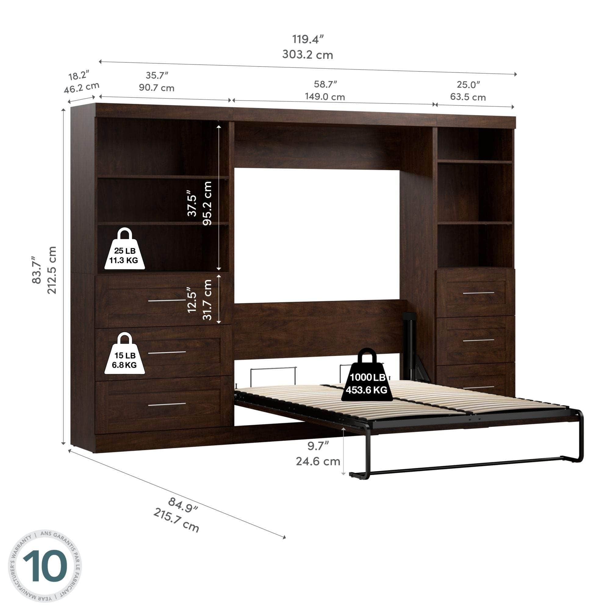 Pur Full Murphy Wall Bed with 2 Storage Units & Drawers (120 Inch) - 5 Color Options | Space-Saving Wall Bed for Small Apartments & Guest Rooms