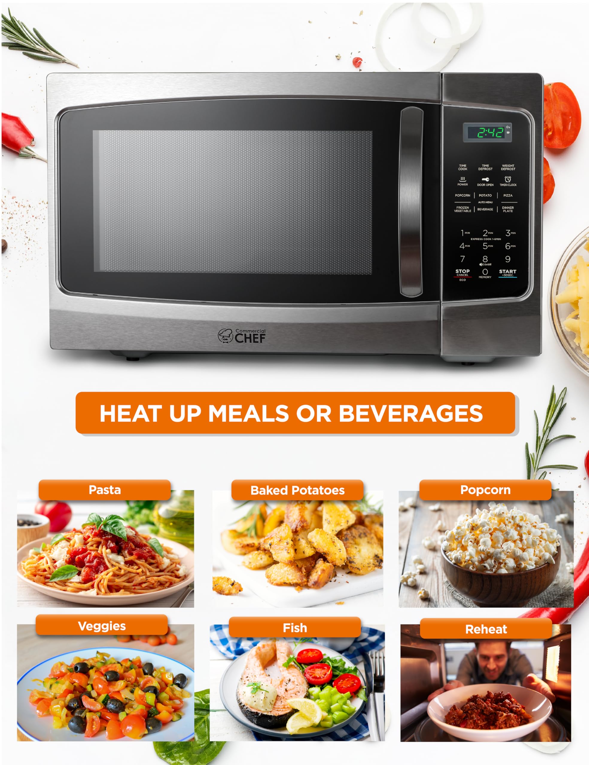 Commercial Chef 1.3 Cu Ft 1000W Stainless Steel Countertop Microwave with 10 Power Levels, Pull Handle Door Lock, Digital Controls & Timer - Perfect for Home Kitchen, Office Breakroom or Dorm Room