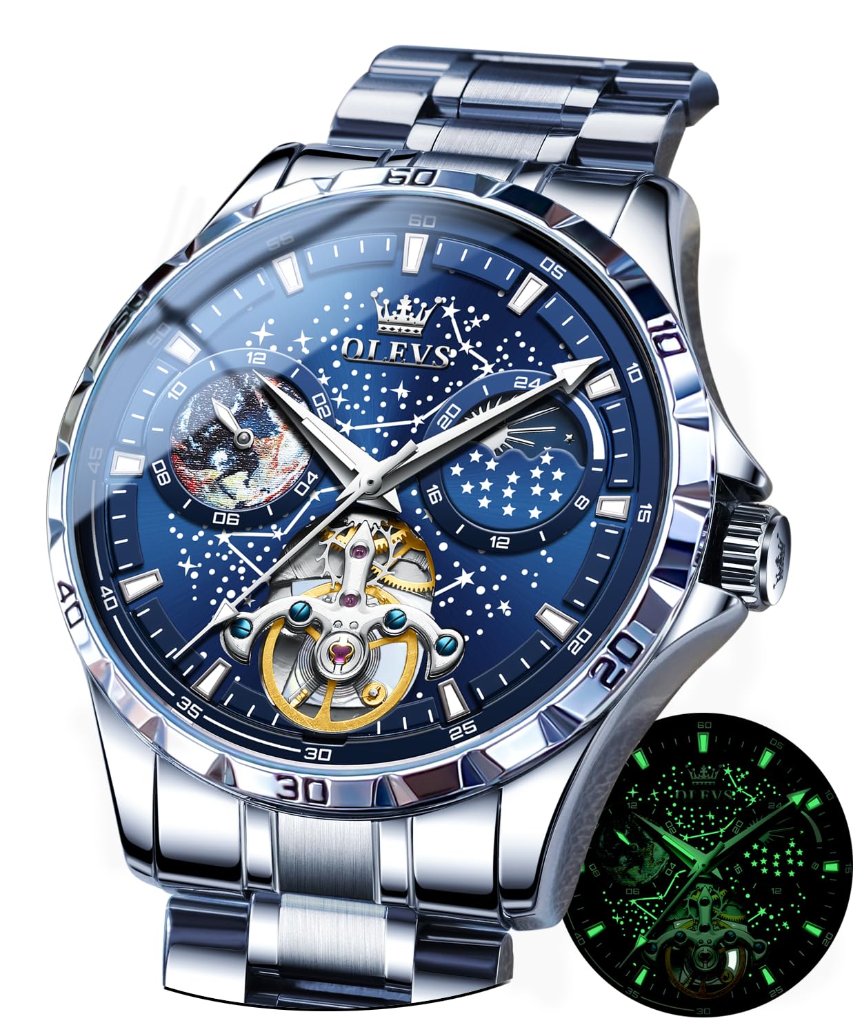 OUPINKE Men's Automatic Skeleton Watch - Starry Sky Dial, Self-Winding Mechanical Movement, Luxury Stainless Steel Moon Phase Waterproof Luminous Wristwatch for Men | Perfect for Formal Events, Business Meetings & Evening Occasions