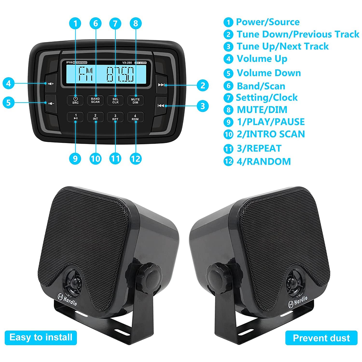 Herdio 4 Inch Waterproof Marine Speakers - Bluetooth Compatible, AM/FM Stereo Receiver for Polaris Ranger, Golf Cart, UTV, ATV, Motorcycle & Boat - Heavy Duty Powersports Audio System for Outdoor Adventures